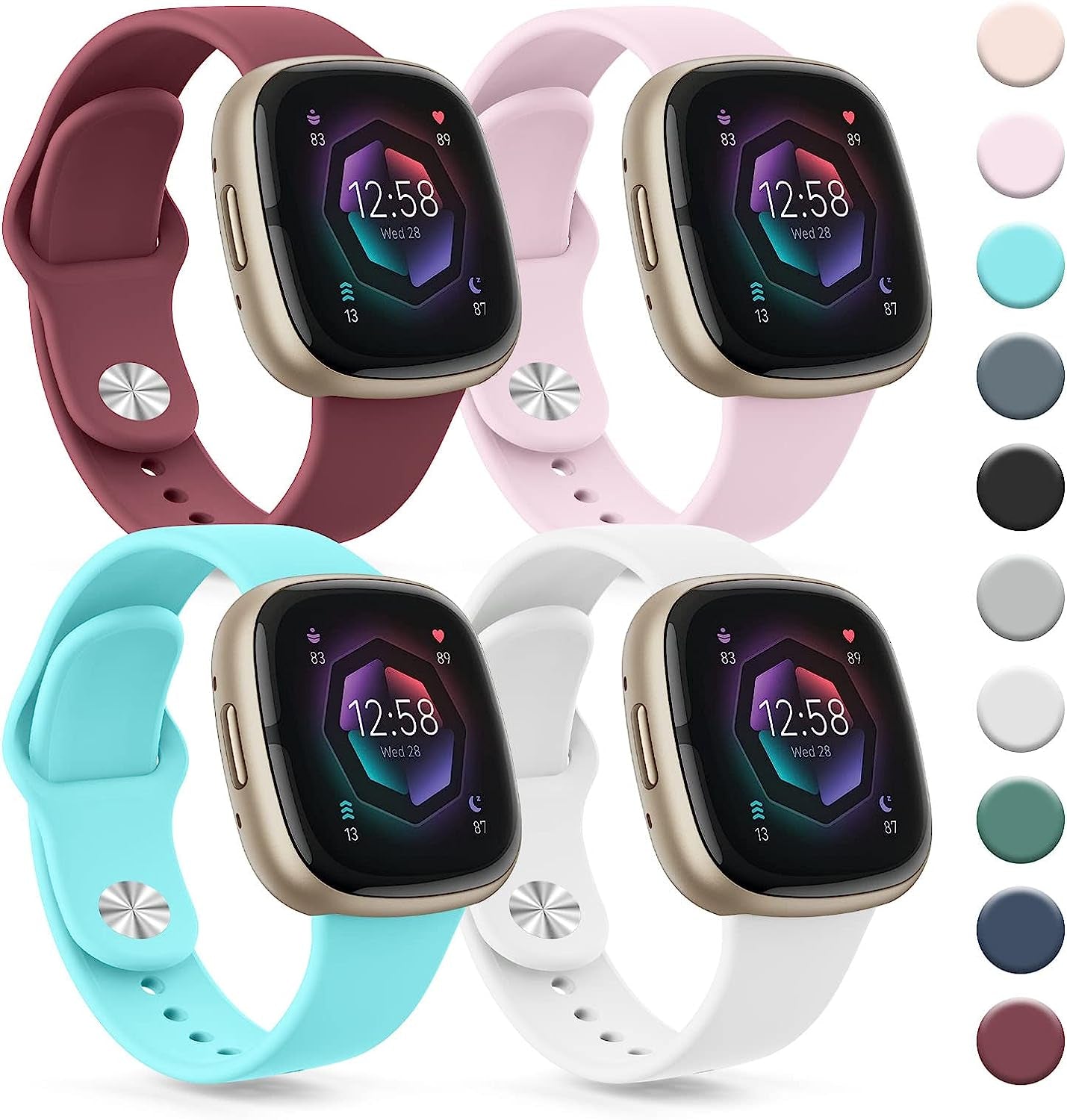 4 PACK Silicone Bands Compatible with Fitbit Versa 4 / Versa 3 Bands/Fitbit Sense 2 / Sense Bands Women Men, Soft Replacement Straps for Fitbit Versa 4 / Versa 3 / Sense 2 / Sense Smart Watch  AK Light Blue/Wine Red/Pink/White  