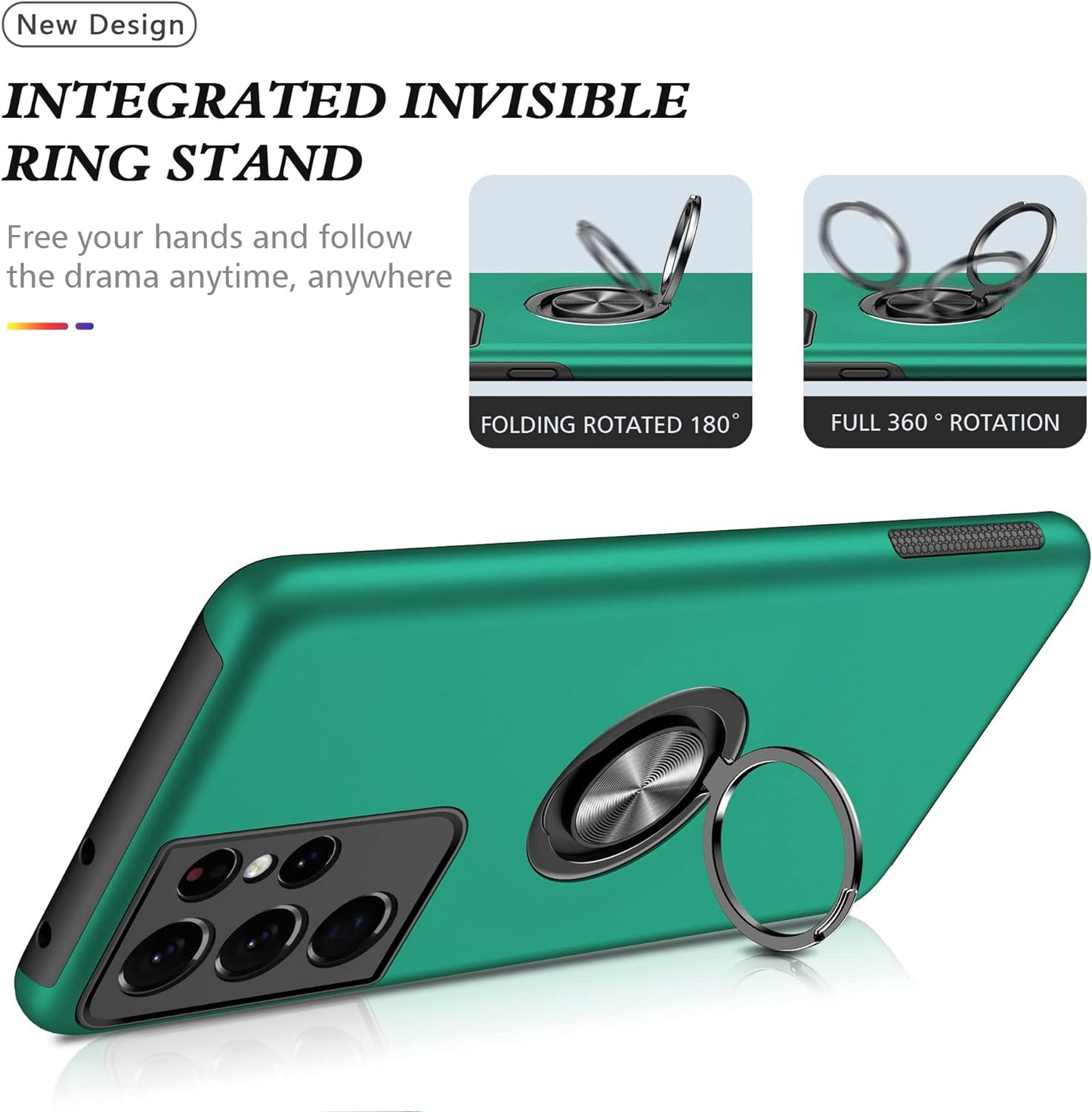HONG-AMY for S21 Ultra Case, Samsung Galaxy S21 Ultra Case with Self Healing Flexible TPU Screen Protector[2 Pack], Military Grade Invisible Kickstand Phone Case for Galaxy S21 Ultra 5G-Green  HONG-AMY   
