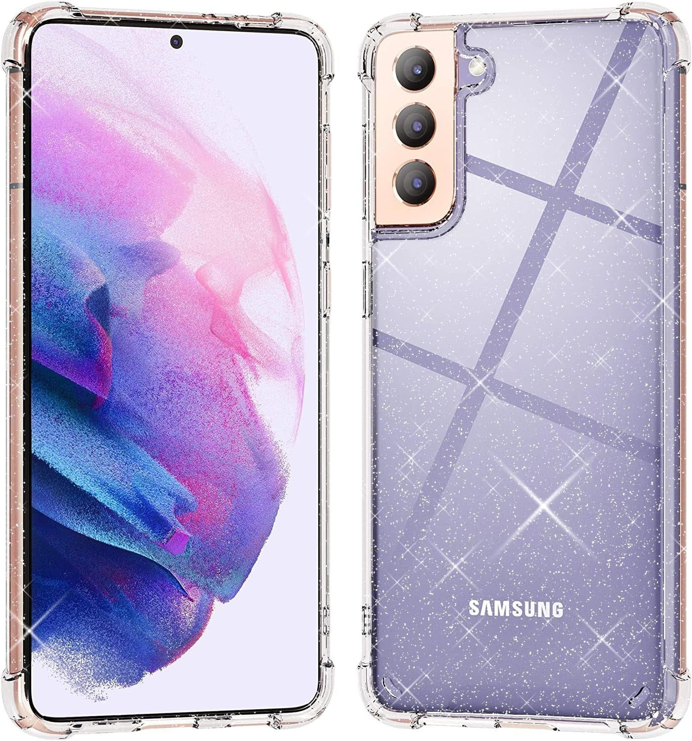 Galaxy S21 Case Crystal Clear Shockproof Bumper Protective Cell Phone Cover for Samsung Galaxy S21 5G Hybrid Design Hard PC Back with Flexible TPU Frame Slim Fit Skin for Men Women Boy Girl 4 Corners  KIOMY D-Glitter For Samsung Galaxy S21 