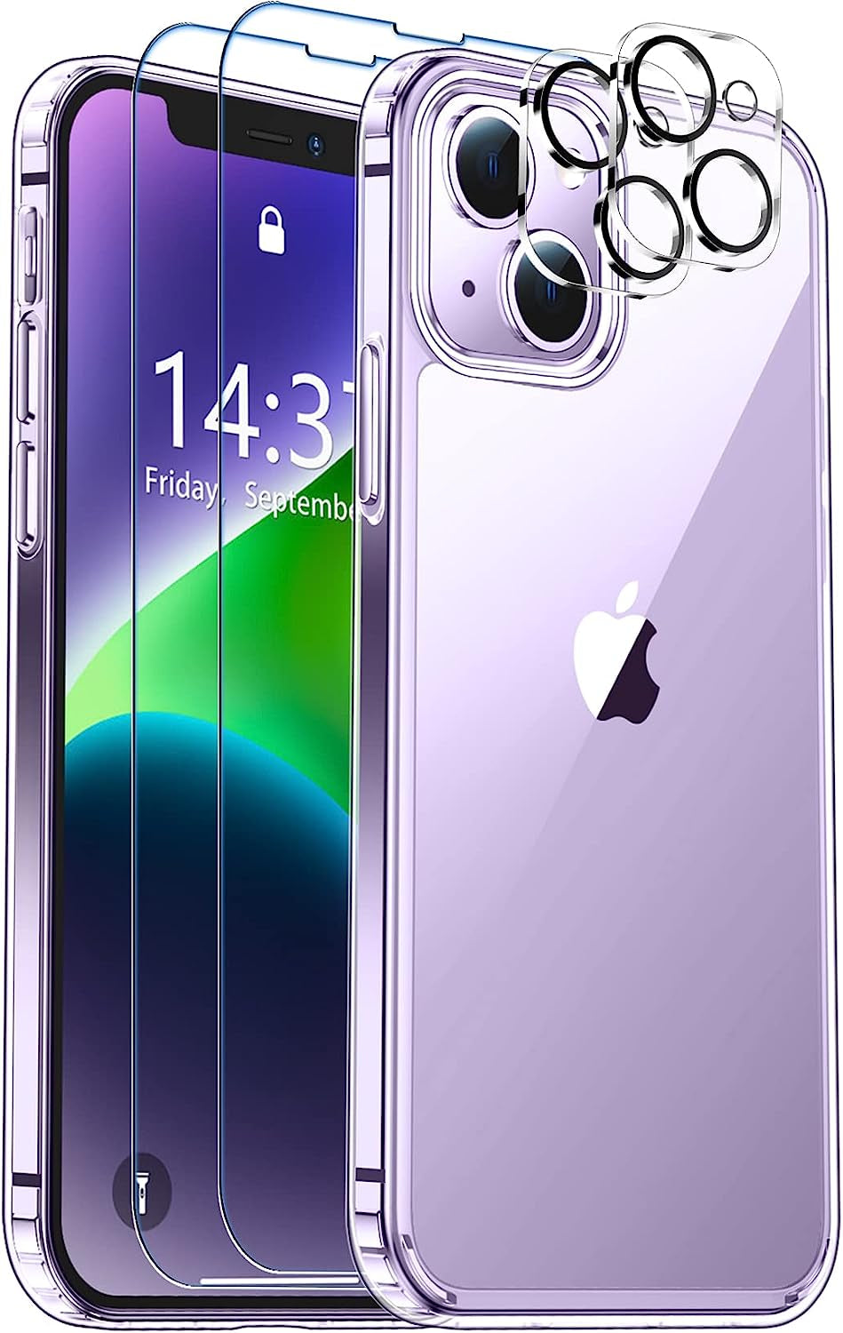 Justcool Designed for Iphone 14 plus Case, [Crystal Clear Not Yellowing] with [2 Pcs Tempered Glass Screen Protectors & 2 Pcs Camera Lens Protector] Slim Thin Protective Phone Case (Clear)  Justcool   