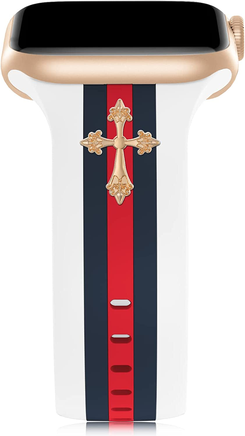 Designer Band with Charms Decor Compatible with Apple Watch Band 38Mm 40Mm 41Mm 42Mm 44Mm 45Mm 49Mm Women Men, Stylish Silicone Sport Wristbands for Iwatch Series 8 7 6 5 4 3 2 1 SE Ultra  Bagoplus White/Blue/Red with Cross 38mm/40mm/41mm 