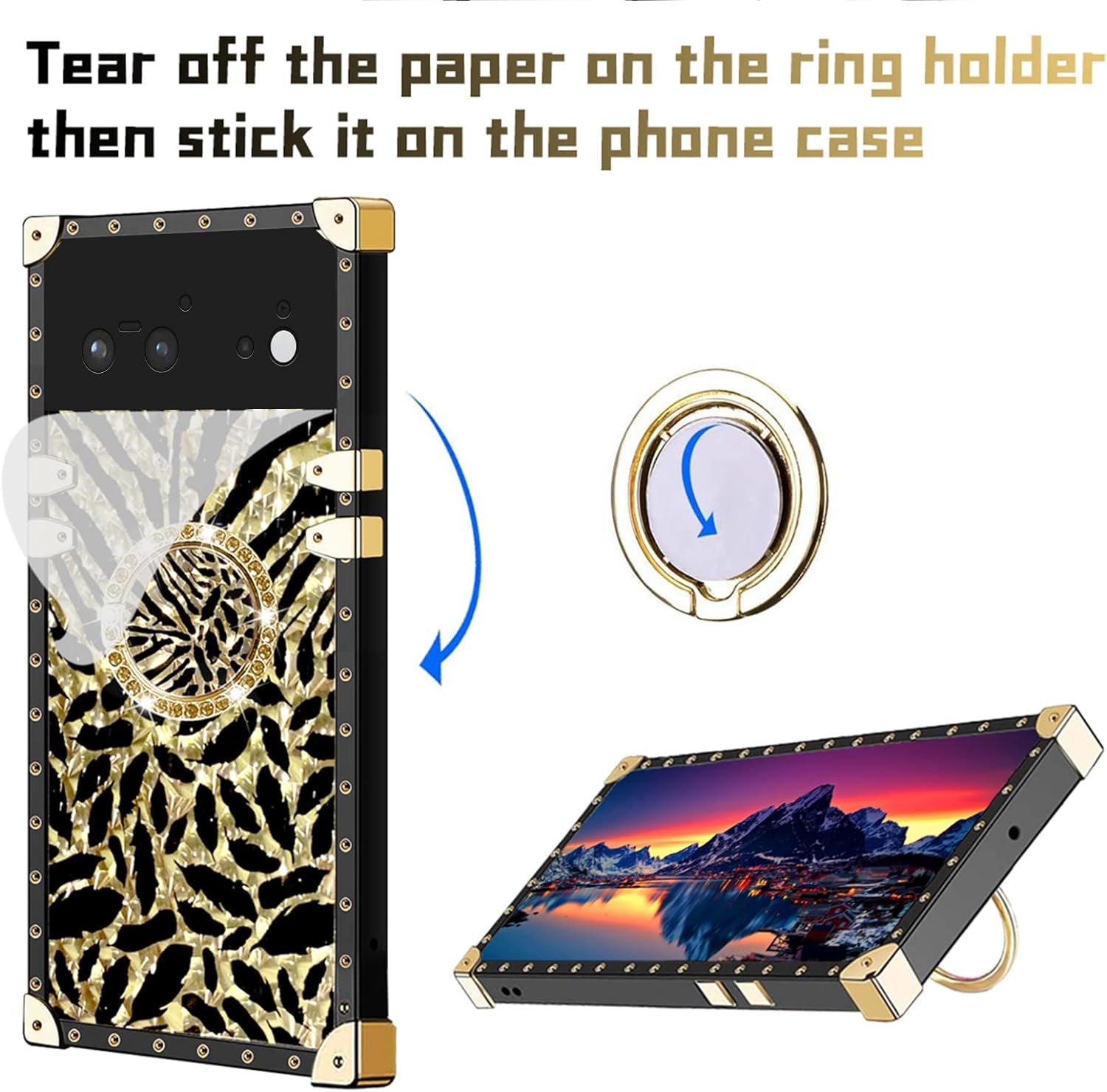 Designed for Google Pixel 6 Phone Case Luxury Square Case Drop Shockproof Protection Cover Elegant Cute Shining Retro Golden Glitter Leopard Cheetah Case for Google Pixel 6 - Leopard  Easyscen   