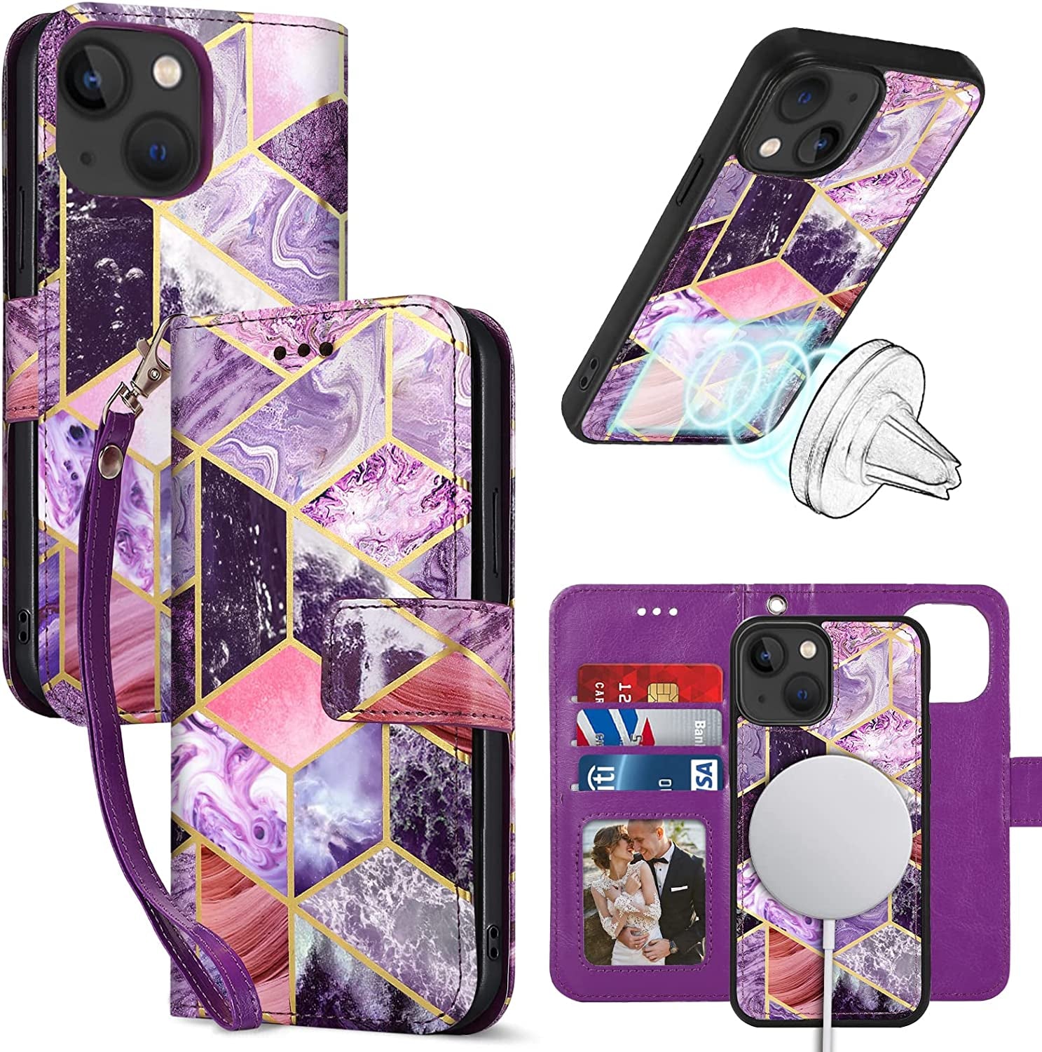 CASEOWL Compatible for Iphone 14 plus Wallet Case [Support Magsafe Charger] 2 in 1 Magnetic Detachable [RFID Blocking] Mandala Embossed Flip Leather Wallet Case with Card Holder,Strap for Women-Gray  CASEOWL Marble Purple [for iPhone 14 Plus]  