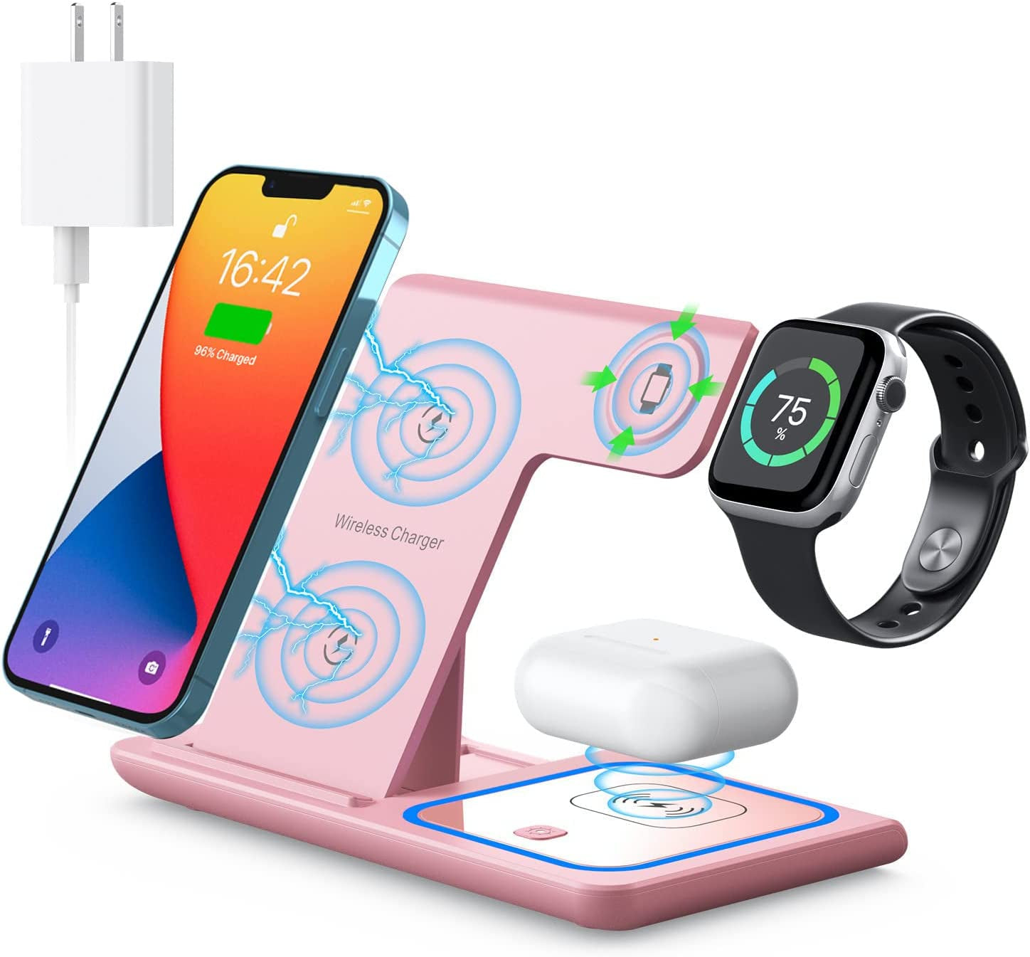 Wireless Charger,Mildily 3 in 1 Wireless Charging Station for Apple Iphone/Iwatch/Airpods,Iphone 13,12,11 (Pro, Pro Max)/Xs Max/Xr/Xs/X/8(Plus),Iwatch 7/6/Se/5/4/3/2,Airpods 3/2/Pro（Black）  XuHui pink  