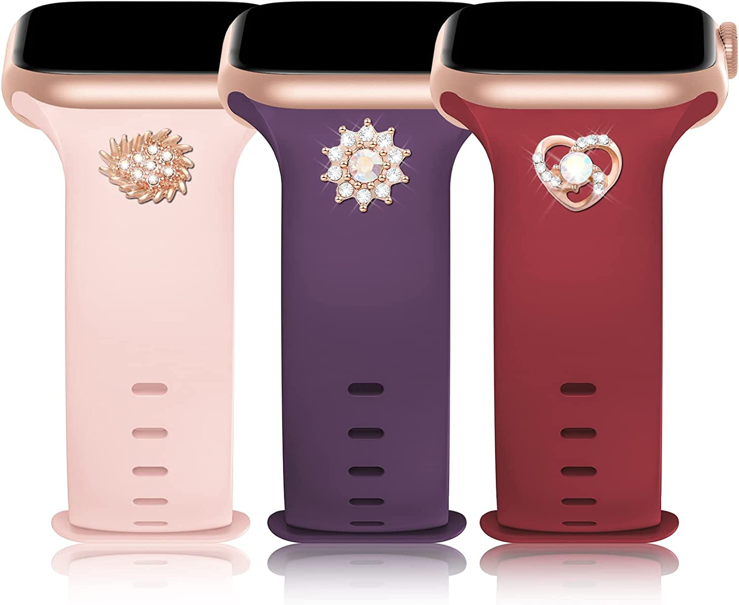3 Pack Sport Band with DIY Charms Compatible with Apple Watch Bands 41Mm 40Mm 38Mm, Designer Soft Silicone Wristbands Replacement Strap for Iwatch Series SE 8 7 6 5 4 3 2 1 Utral for Women Men  Plesechde Sand Pink/Dark Purple/Burgundy 42mm/44mm/45mm/49mm 