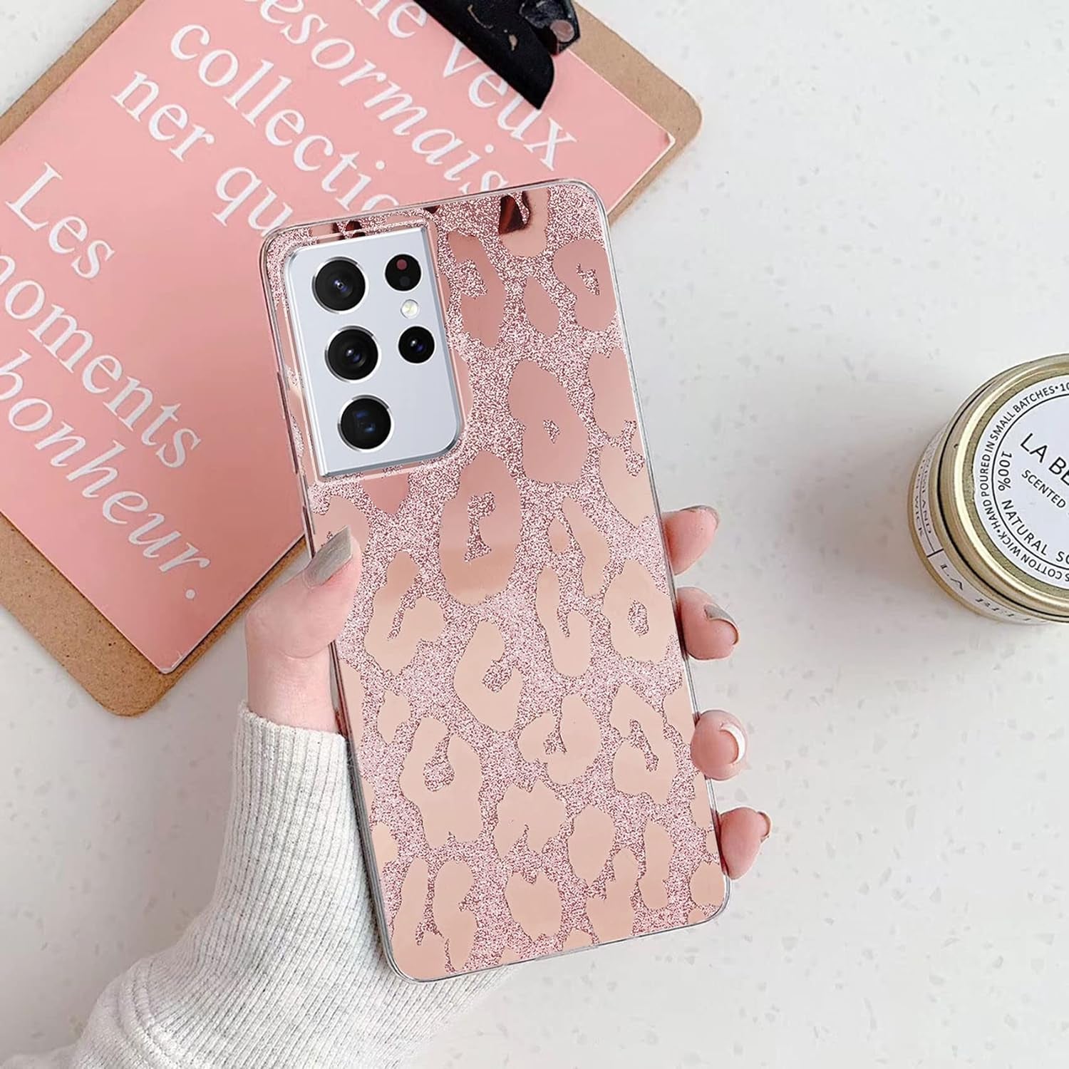 J.West Galaxy S21 Ultra 5G Case 6.8-Inch,Luxury Saprkle Bling Glitter Leopard Print Design Soft Metallic Slim Protective Phone Cases for Women Girls Clear TPU Bumper Silicone Cover Case Rose Gold  J.west   