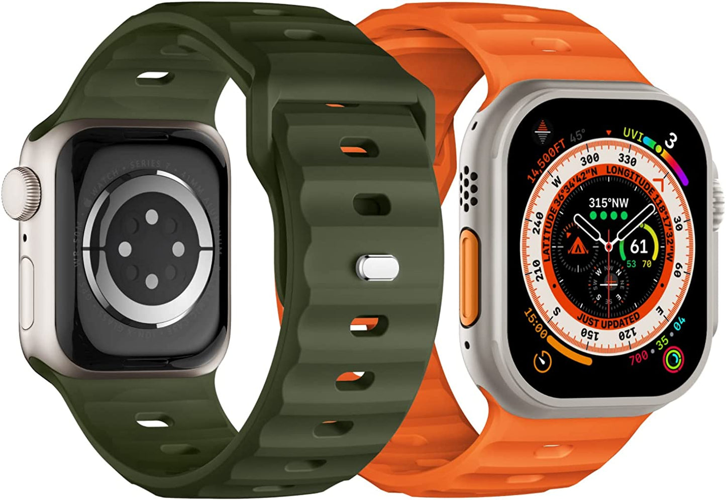 Sport Bands Compatible with Apple Watch Ultra Band 49Mm 45Mm 44Mm 42Mm for Men, Soft Silicone Wristbands Waterproof Replacement Strap for Iwatch Series 8 7 6 5 SE Ultra, 2 Packs  Suitisbest Army Green/Orange 49mm/45mm/44mm/42mm Large 