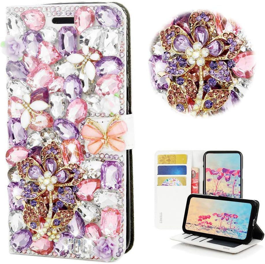 STENES Bling Case Compatible with LG V30 - Stylish - 3D Handmade Pretty Sunshine Flower Butterfly Design Magnetic Wallet Leather Cover Compatible with LG V30 / LG V30 plus - Purple  STENES   