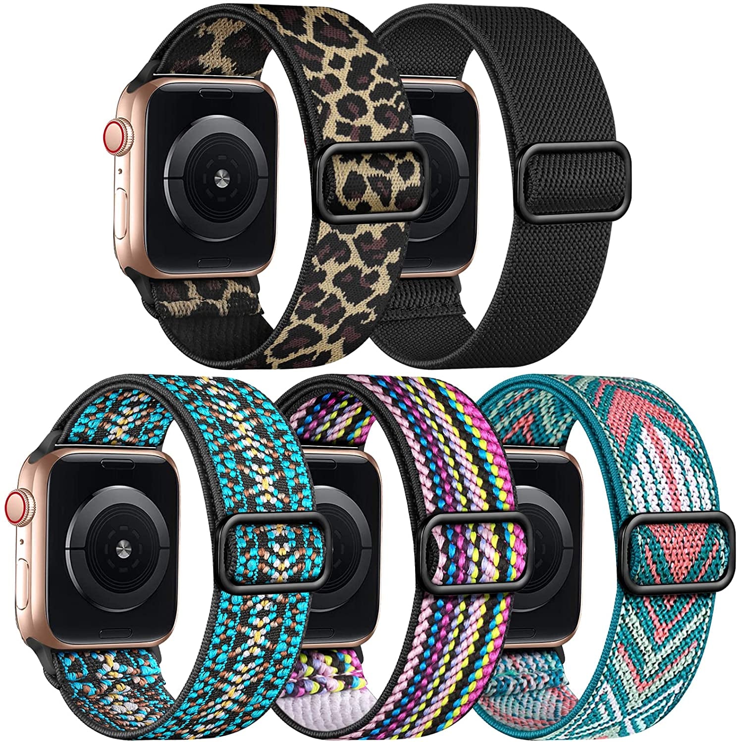 Adorve 5 Pack Stretchy Solo Loop Bands Compatible with Apple Watch Ultral Band 38Mm 40Mm 42Mm 44Mm 41Mm 45Mm 49Mm for Women Men, Soft Nylon Elastic Braided Strap for Iwatch SE Series 8/7/6/5/4/3/2/1  Adorve Black/Leopard/Rainbow/Arrow/Boho Green 38mm/40mm/41mm 