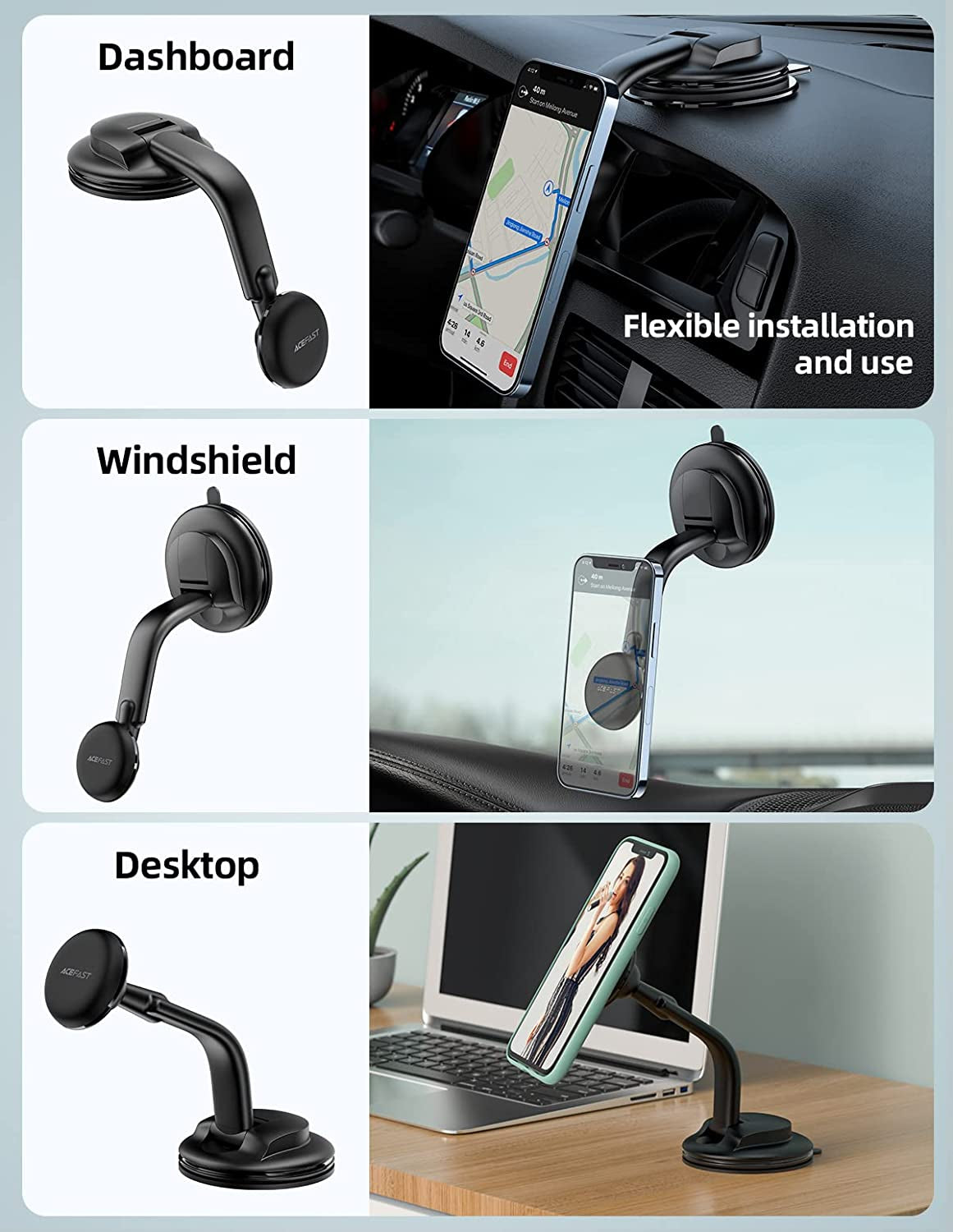 ACEFAST Magnetic Phone Car Mount, Universal Phone Car Holder Low Installation Height Built-In Four N52 Super Strong Magnets Large Sticky Base Suction Cup Dashboard Windshield Flexible Installation  ACEFAST   