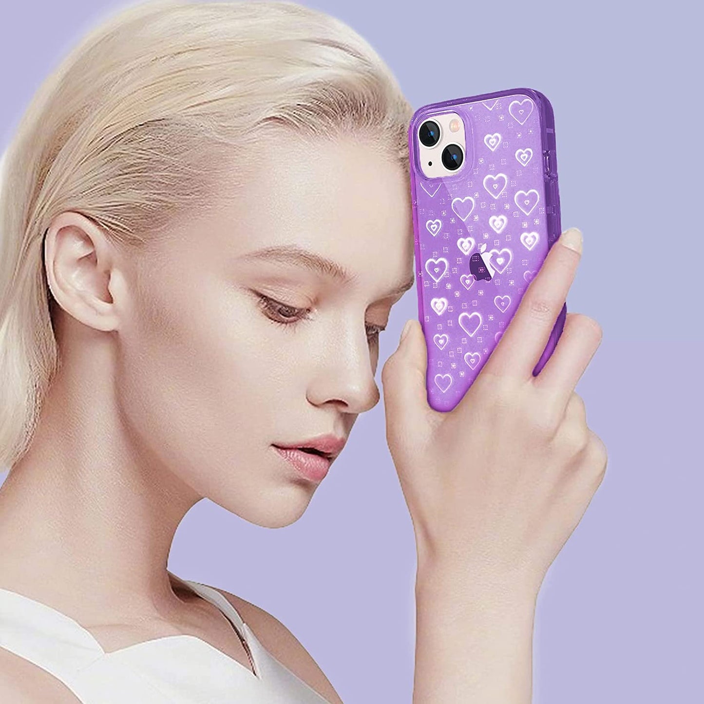 Tksafy Case Compatible Iphone 14 Case, Clear Glitter Cute Laser Holographic Love Heart Pattern for Women Girls, Anti-Yellow Hard PC Protective Phone Cover for Iphone 14 6.1-Inch 2022, Purple  Tksafy   