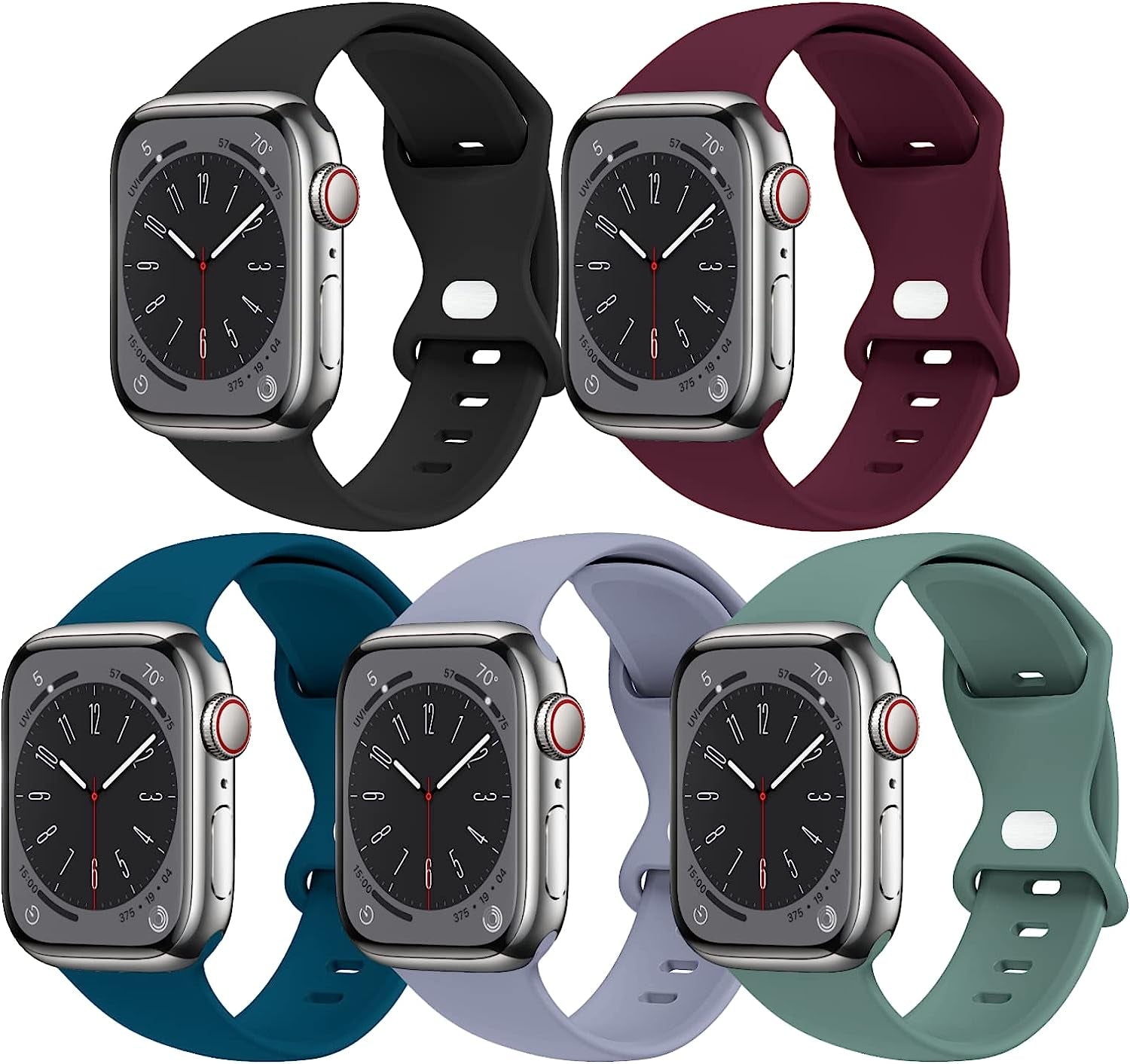 [5 PACK] STG Sport Watch Band Compatible with Apple Watch Band 38Mm 40Mm 41Mm 42Mm 44Mm 45Mm 49Mm Soft Silicone Replacement Sport Strap Compatible for Iwatch Ultra SE Series 8/7/6/5/4/3/2/1 (38Mm/40Mm/41Mm S/M, 5 PACK  STG 5 Pack J - Black/Wine Red/Pacific Green/Lavender Gray/Pine Green 42mm/44mm/45mm/49mm M/L 