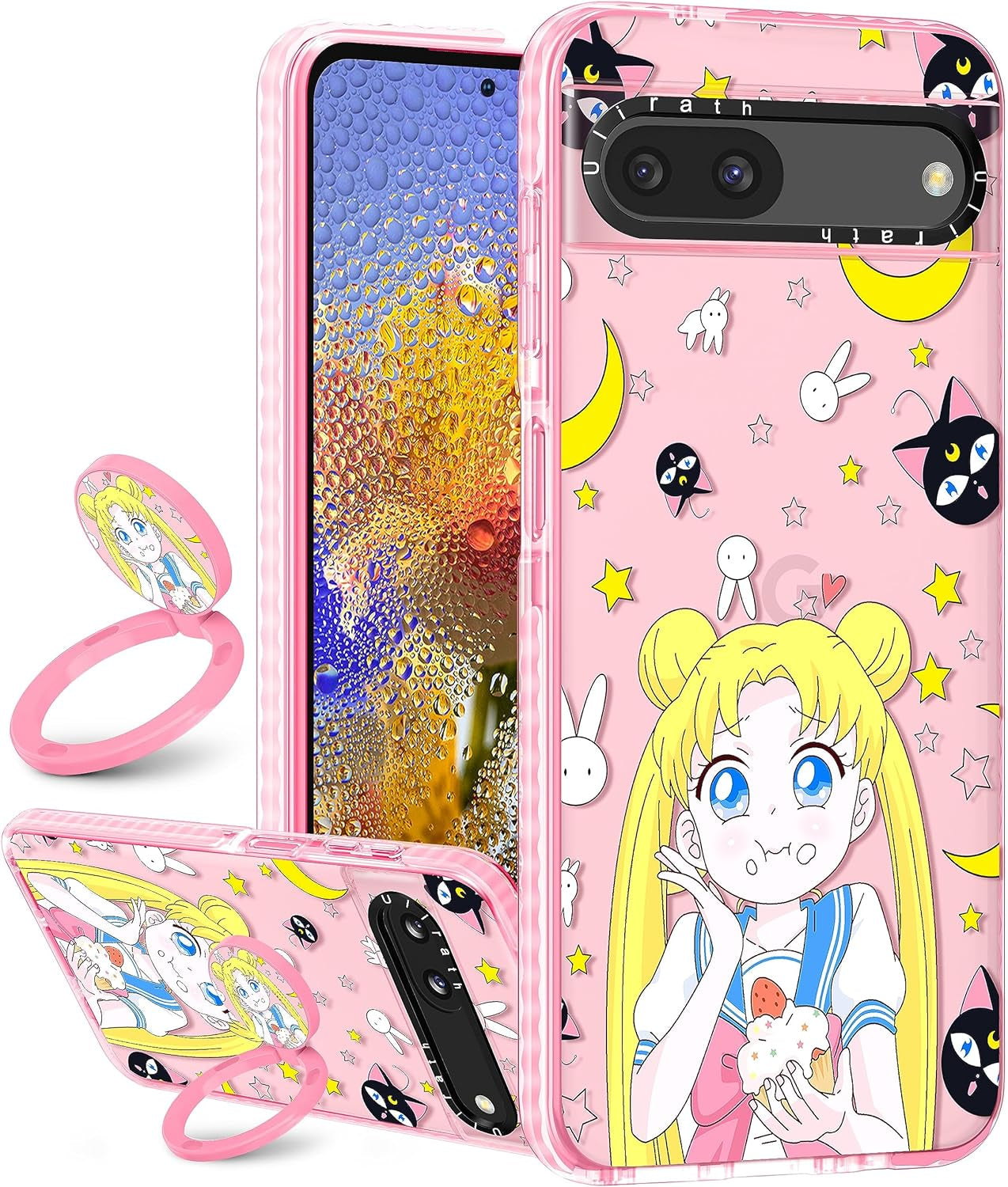 Ulirath (2In 1 for Pixel 6A Case Cute Cartoon Character Design for Girls Kids Boys Teens Women Girly Cover Kawaii Cool TPU Cases with Ring Holder for Google Pixel 6A 6.1",Blue Kiss  Ulirath Pink Salor  
