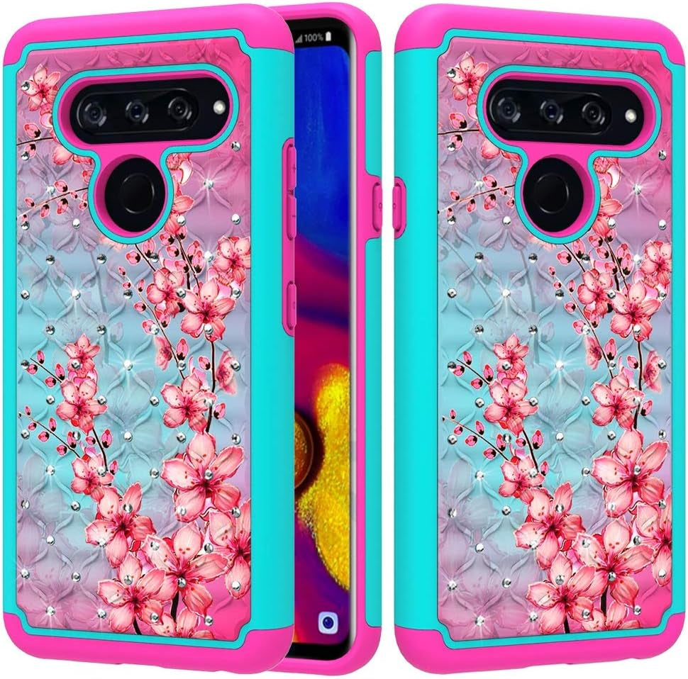 Zase Compatible with LG V40 Thinq Phone Case Hybrid Dual Layer Protection Jewel Studded Rhinestone Shockproof Slim Hard Shell Sparkly Crystal Bling Diamond (Teal Pink Blossom)  Zase   