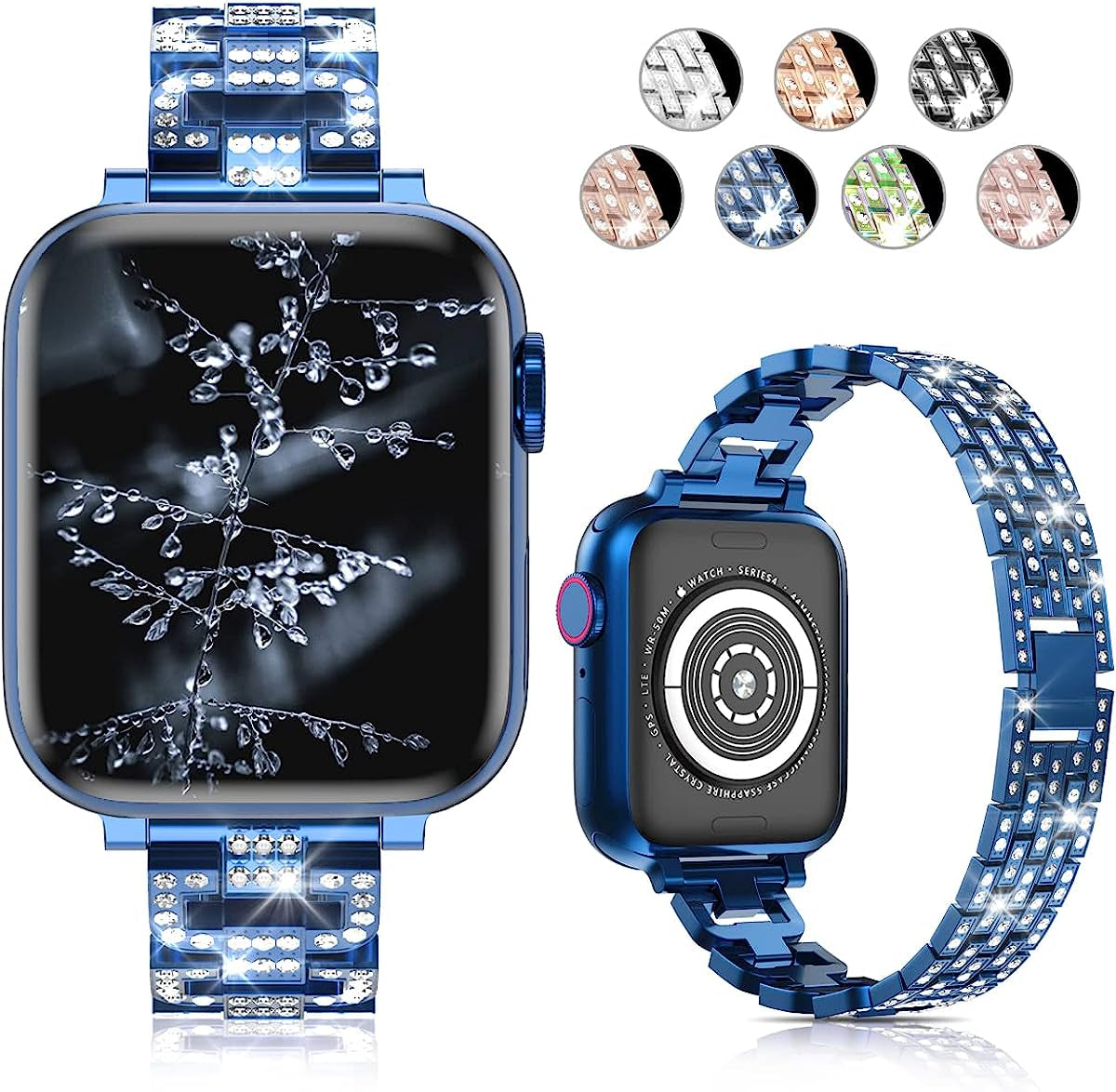 SIBOLOO for Apple Watch Band 45Mm 44Mm 42Mm 41Mm 40Mm 38Mm Series 7 Series 6 5 4 3 2 1 SE, Diamond Rhinestone Stainless Steel Iwatch Band, Bling Replacement Bracelet Metal Wristband Strap  SIBOLOO Blue 41mm/40mm/38 mm 