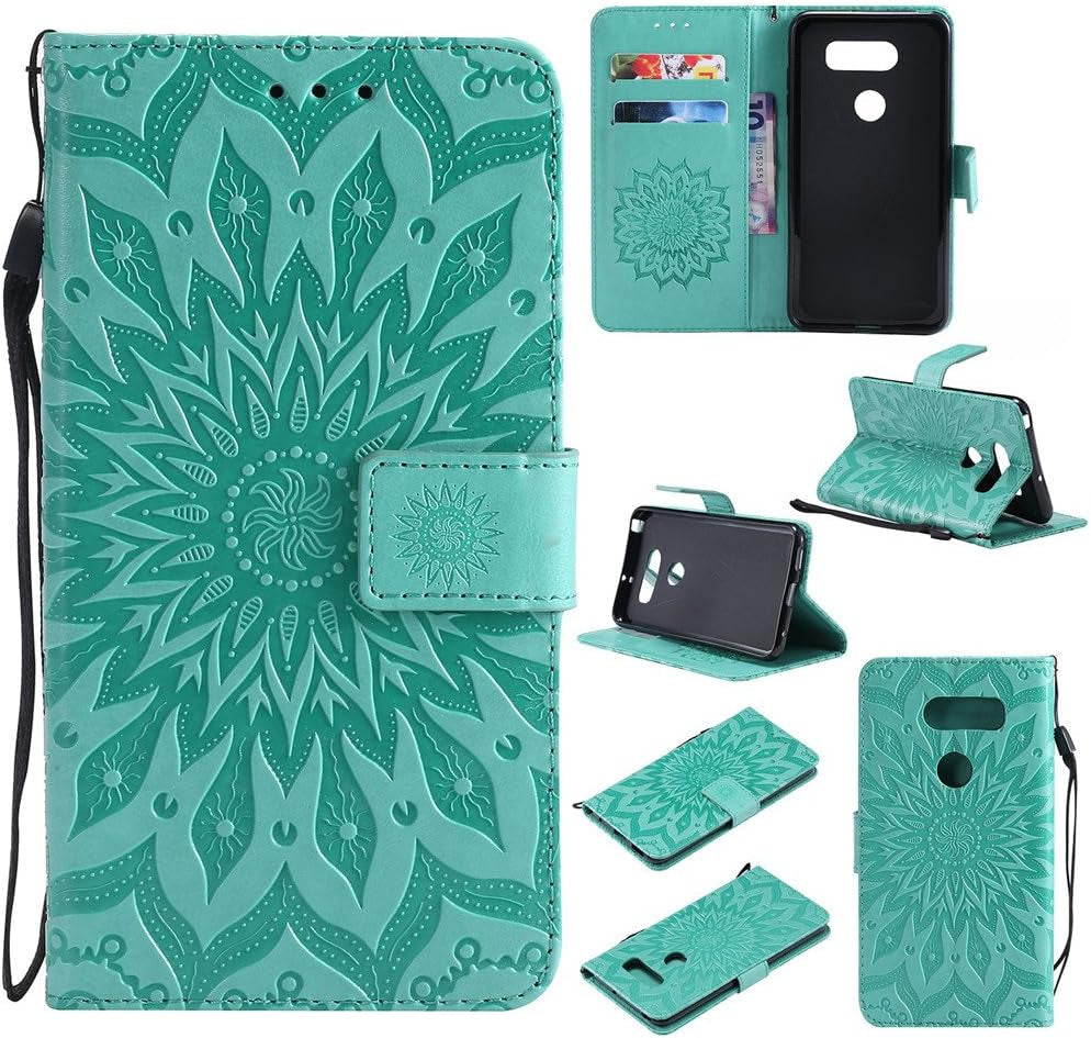 LG V30 Case LG V30 Cover EMAXELER Stylish Wallet 3D Embossed Kickstand Flip Relief Sun Flower Three Dimensional Cards Slot Cash Pockets PU Leather for LG V30 Sun Green  EMAXELER   