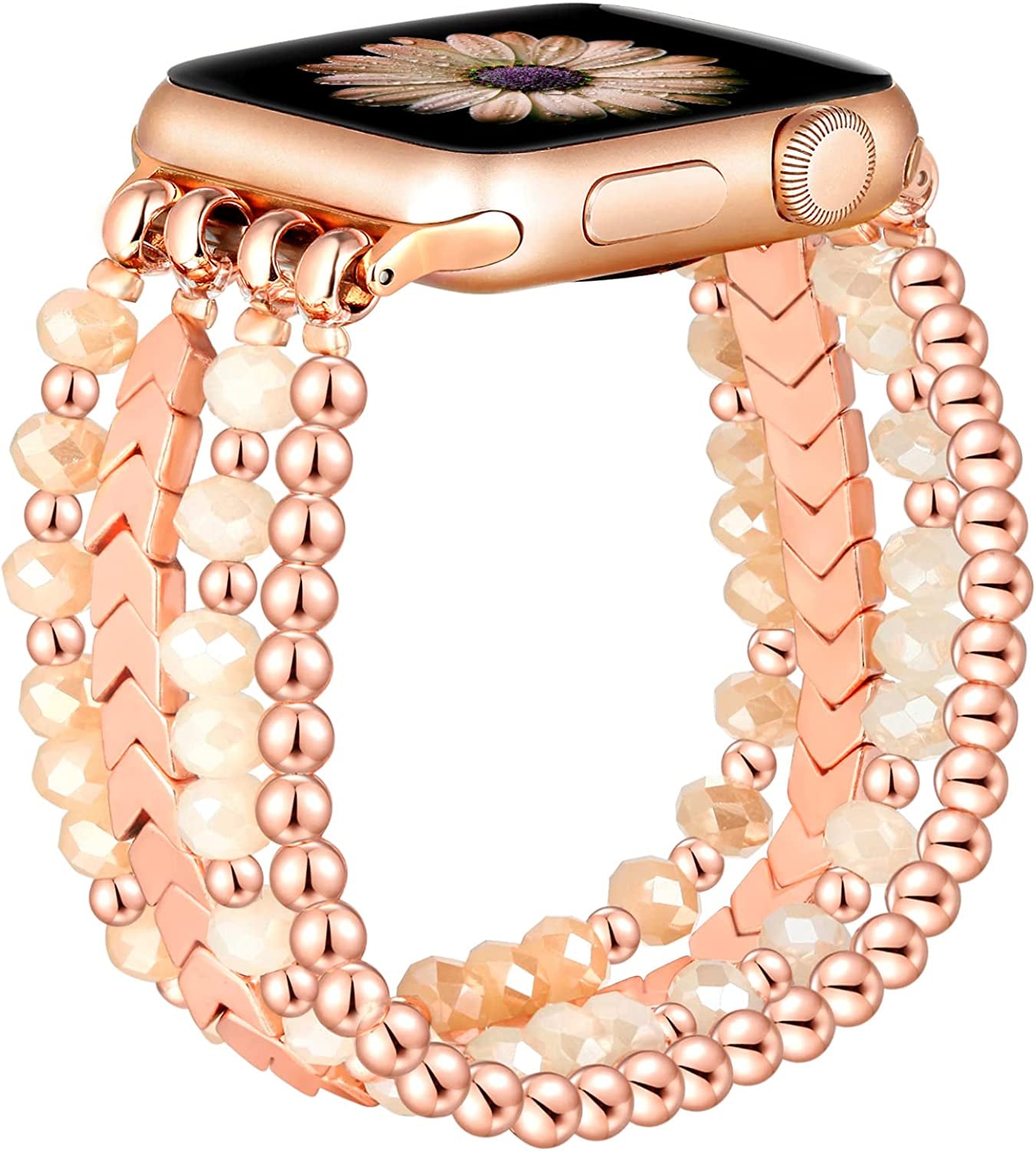 Fastgo Bracelet Band Beaded Compatible with Apple Watch 38Mm 40Mm 41Mm 42Mm 44Mm 45Mm 49Mm Women, Fashion Elastic Stretch Strap Bands for Iwatch SE &Series Ultra 8 7 6 5 4 3 2 1(Black/Sliver/Grey,S/M)  fastgo Rose Gold/Beige 38mm/40mm/41mm-M/L(6.1”-6.9”) 