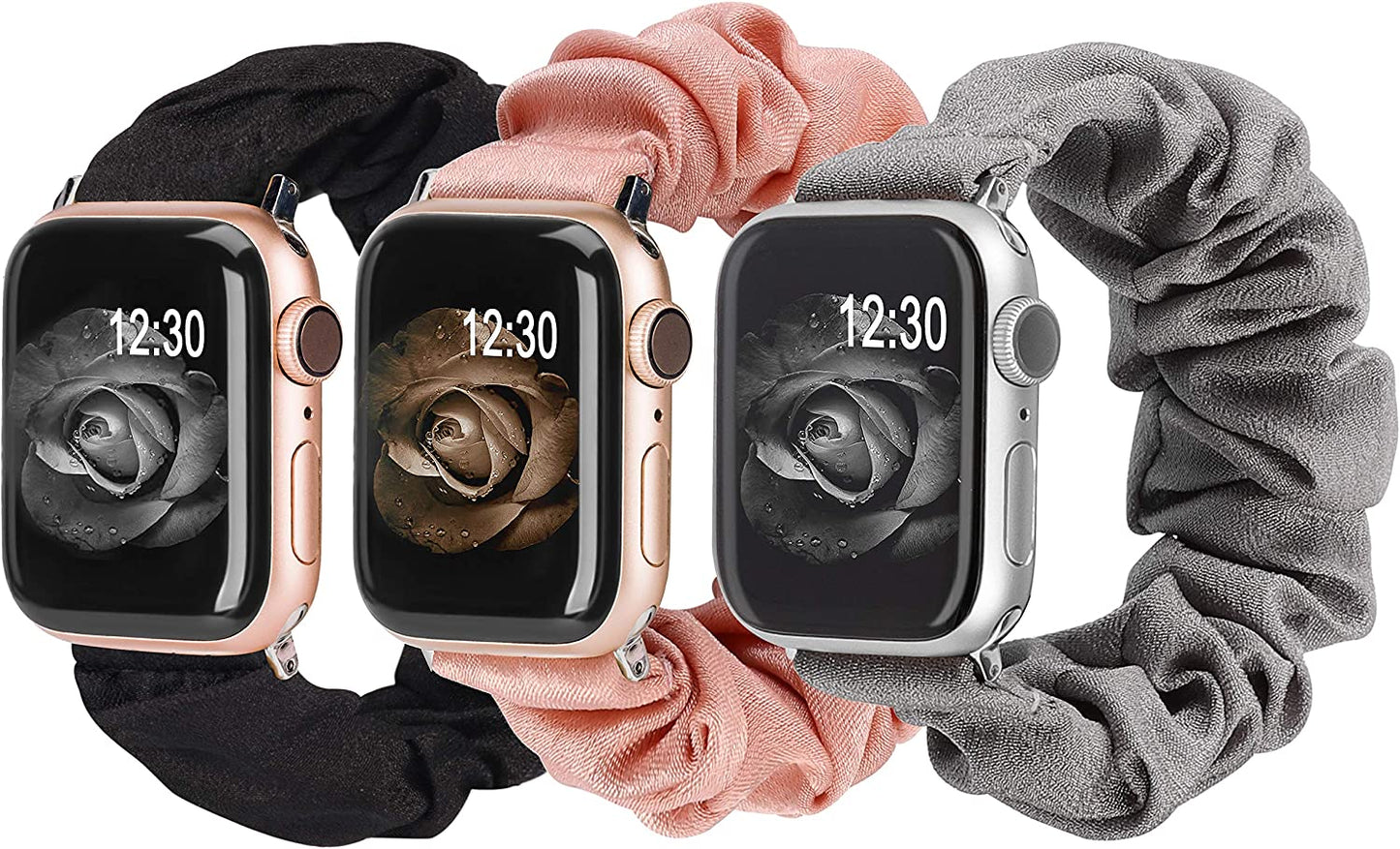 TOYOUTHS 3 Packs Compatible with Apple Watch Band Scrunchies 49Mm(Ultra)/45Mm/44Mm/42Mm Cloth Soft Pattern Printed Fabric Bracelet Women Iwatch Elastic Scrunchy Band Series SE 8 7 6 5 4 3 2 1 S/M  TOYOUTHS Black/Pink/Gray 41/40/38mm M/L(6.0" - 6.9" Wrist) 