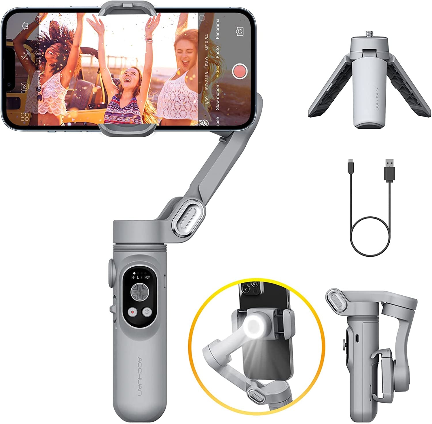 Gimbal Stabilizer for Smartphone W/Led Light Face Tracking Inception Timelapse Handheld Foldable 3-Axis Gimble for Iphone 14 13 12 11 Pro/Max Android Galaxy S21 Youtube Tiktok Vlog AOCHUAN Smart X  AOCHUAN   