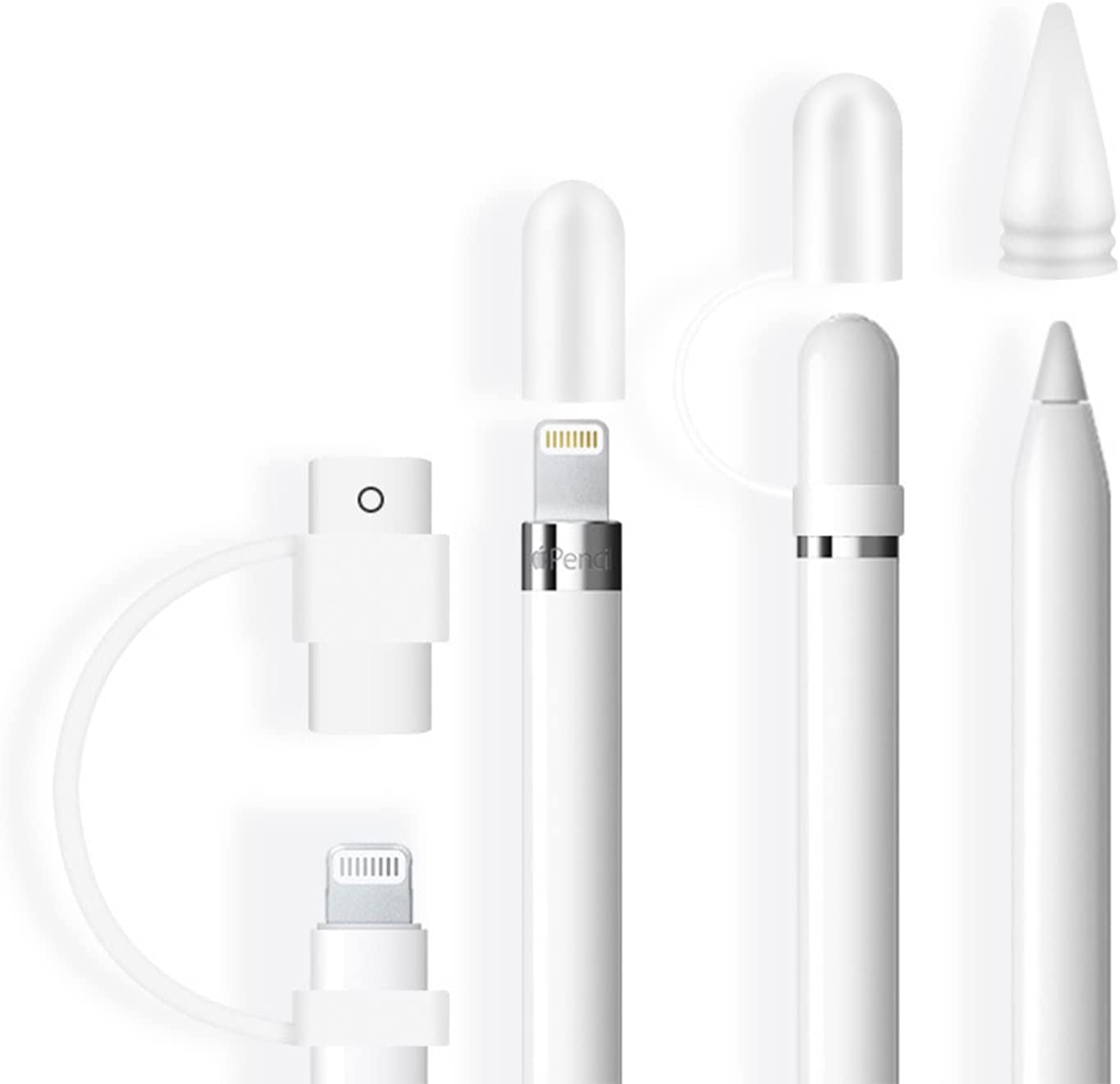 Siduater [4-Pack] Silicone Protective Accessories for Apple Pencil 1St Generation, Includes 1 Apple Pencil Cap Replacements, Apple Pencil Cap Holder, Apple Pencil Tip Cover, Adapter Tether - White  siduater HD Clear  