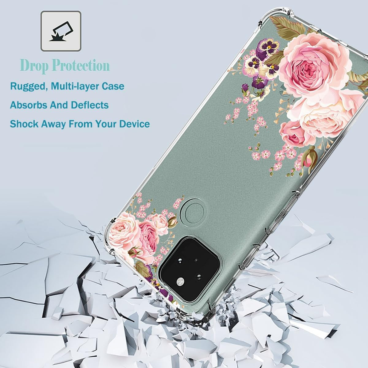 Ueokeird Phone Case for Pixel 5 Case, Google 5 GD1YQ GTT9Q Case Girls Women, Slim Shockproof Clear Floral Pattern Soft Flexible TPU Protective Cover for Google Pixel 5 (Rose Flower)  Ueokeird   