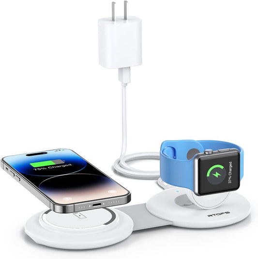 RTOPS Wireless Charger, 2 in 1 Magnetic Wireless Charging Station, Foldable Travel Charger Multiple Devices Compitable for Iphone 14/13/12/Pro/Max, Iwatch, Airpods(Adapter Includes)  DongGuanShi WeizhiChuang Technology Co., Ltd   