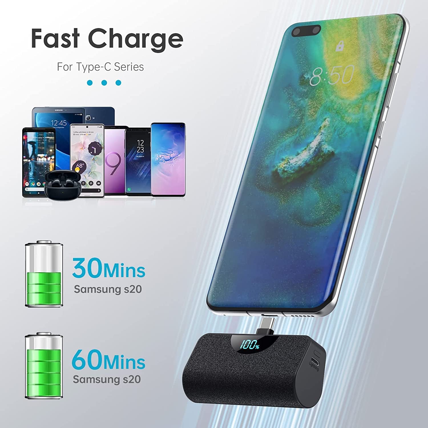 [2 Pack] Mini Portable Charger USB-C Power Bank 5200Mah,Lcd Display 15W PD Fast Charging Battery Pack Backup Charger Compatible with Samsung Galaxy S22/S21/S10/S9,Note 20/10,Moto,Lg,Android Phones Etc  Dongguan Yuanhaoxun Technology Co., Ltd   