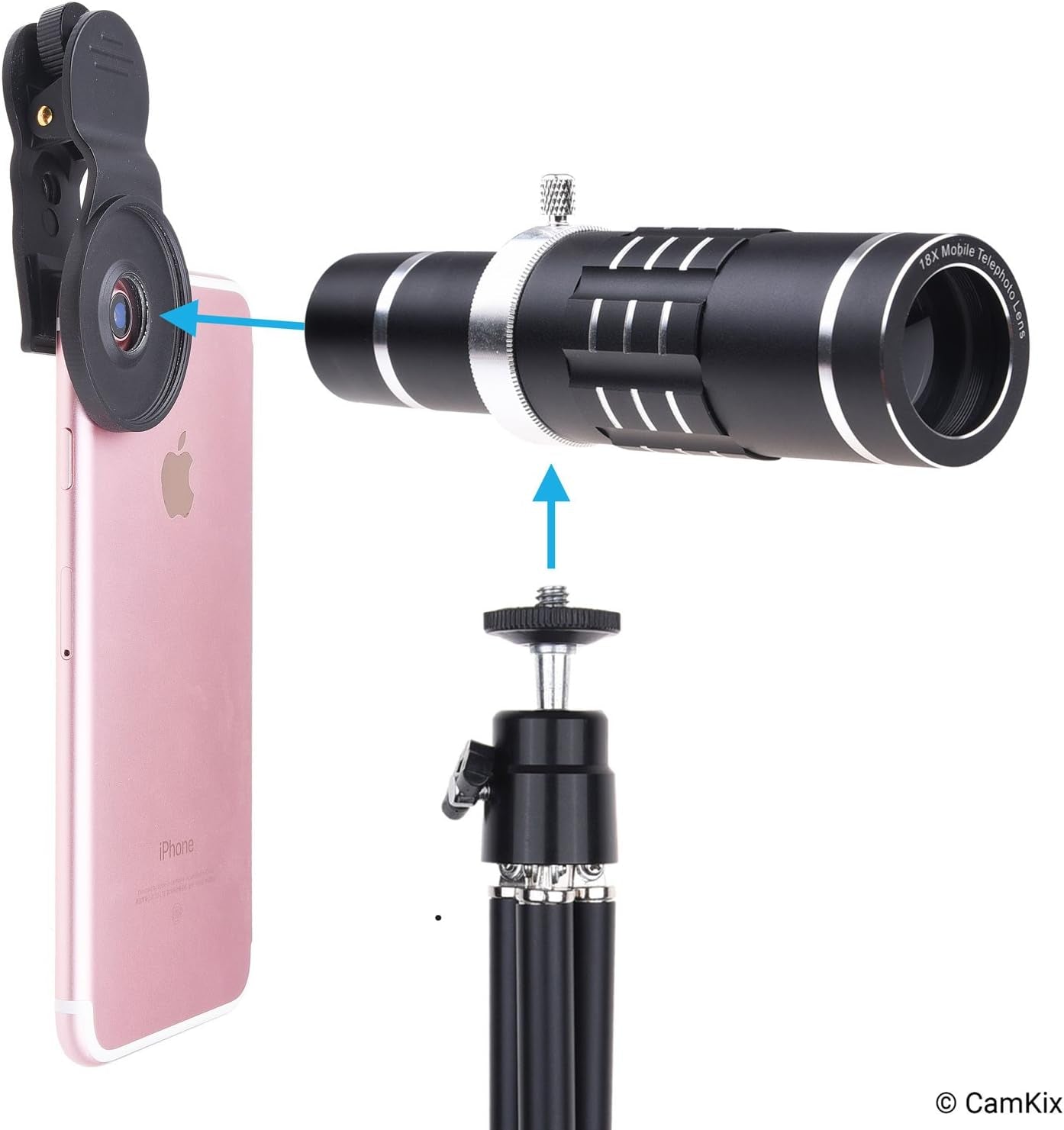 Universal 3In1 Lens Kit with 18X Telephoto + Macro + Wide Angle Lenses - Awesome Mobile Photography for Apple Iphone, Samsung Galaxy, Etc. - Locking Lens Clip - Adjustable Tripod (For Telephoto Lens)  CamKix   