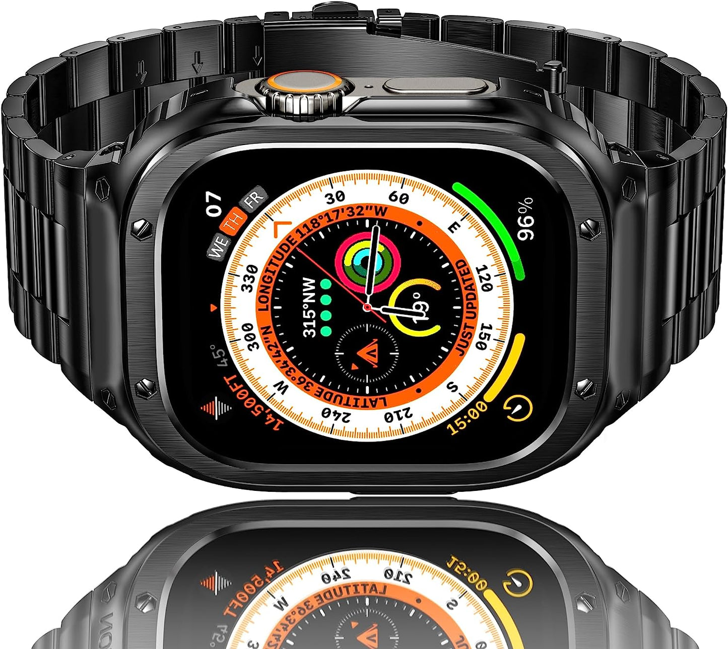 Amznew Stainless Steel Apple Watch Band with Case Compatible with Apple Watch Ultra 49Mm 8/7(45Mm/41Mm) 6/5/4/Se(44Mm/40Mm) 3/2/1(42Mm/38Mm), Iwatch Bands and Protective Cover for Men  Amznew Black(case) 49mm-Ultra 