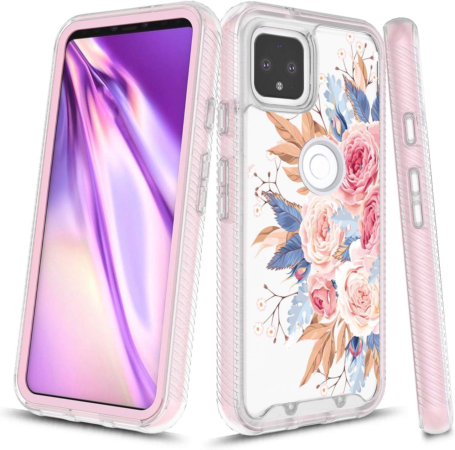Google Pixel 4A 5G Case [For 5G Version ONLY], Onyxii Graphic Design Shockproof Impact Resistant Protective Full-Body Rugged Clear Hybrid Bumper Case for Google Pixel 4A 5G (Pink Shell)  Onyxii Case Pink Flower  