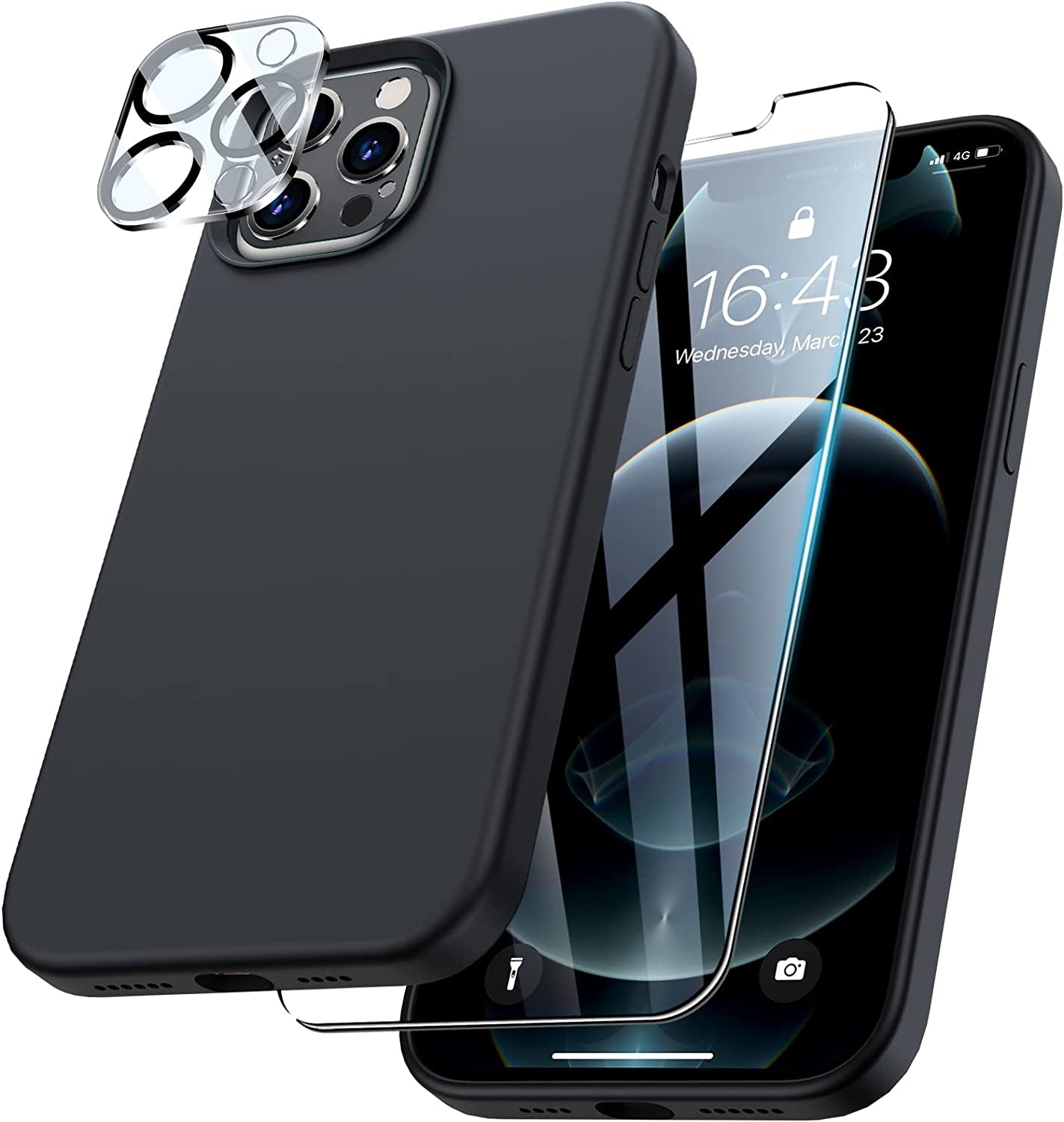 Uyiton [5 In1] Liquid Silicone Iphone 12 Pro Max Case, [Drop Protection] [Full Covered] Shockproof Slim Thin Cover with Microfiber Lining, with 2Xscreen Protector +2Xcamera Lens Protector-Black  Uyiton   