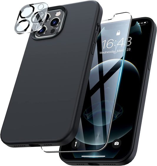 Uyiton [5 In1] Liquid Silicone Iphone 12 Pro Max Case, [Drop Protection] [Full Covered] Shockproof Slim Thin Cover with Microfiber Lining, with 2Xscreen Protector +2Xcamera Lens Protector-Black  Uyiton   