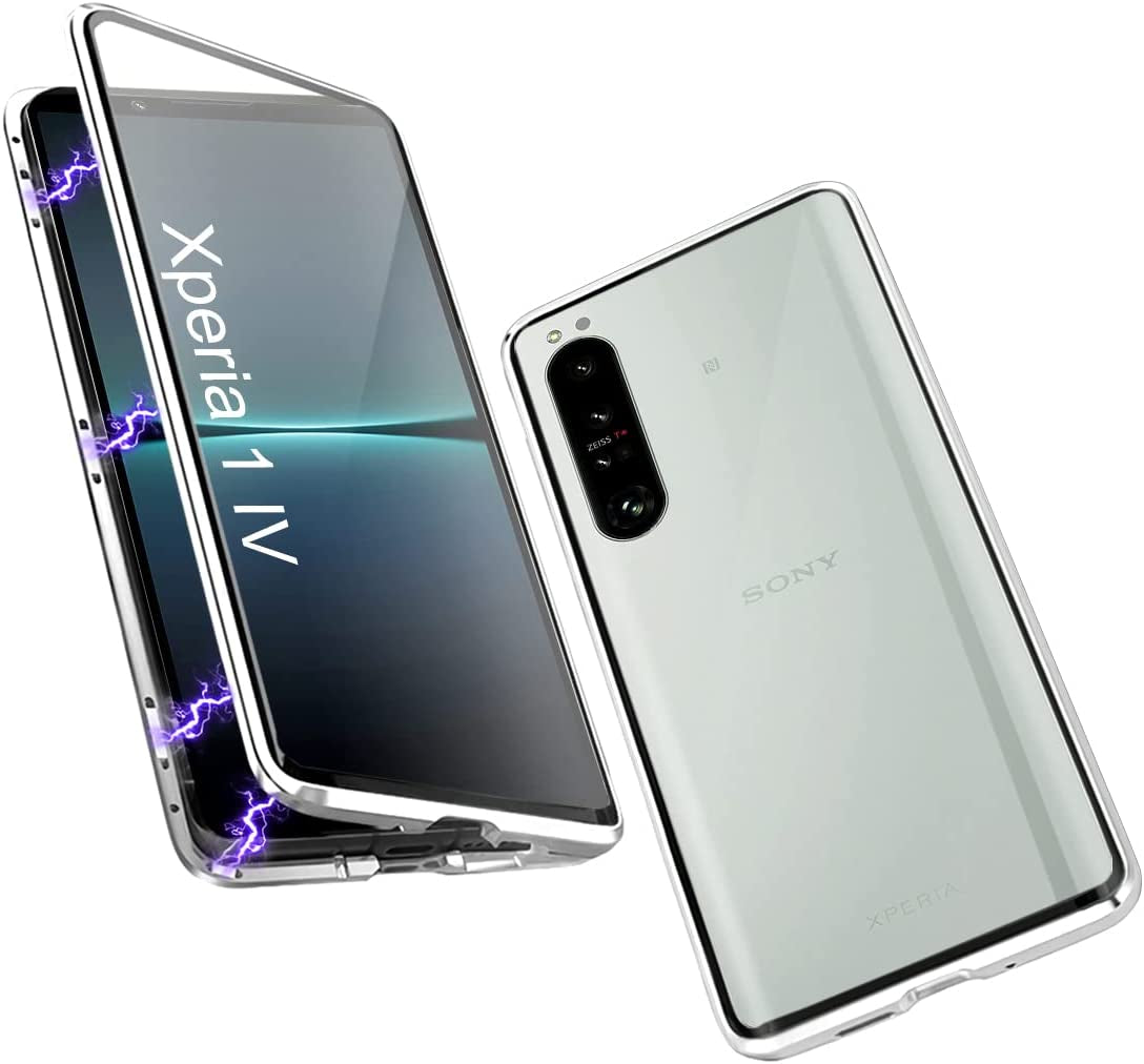 QUIETIP Case Compatible Sony Xperia 1 Iv,Magnetic Metal Frame Clear Tempered Glass + Hard PC Matte Back Non Slip Shockproof Case with Camera Protector,Silver White  QUIETIP   
