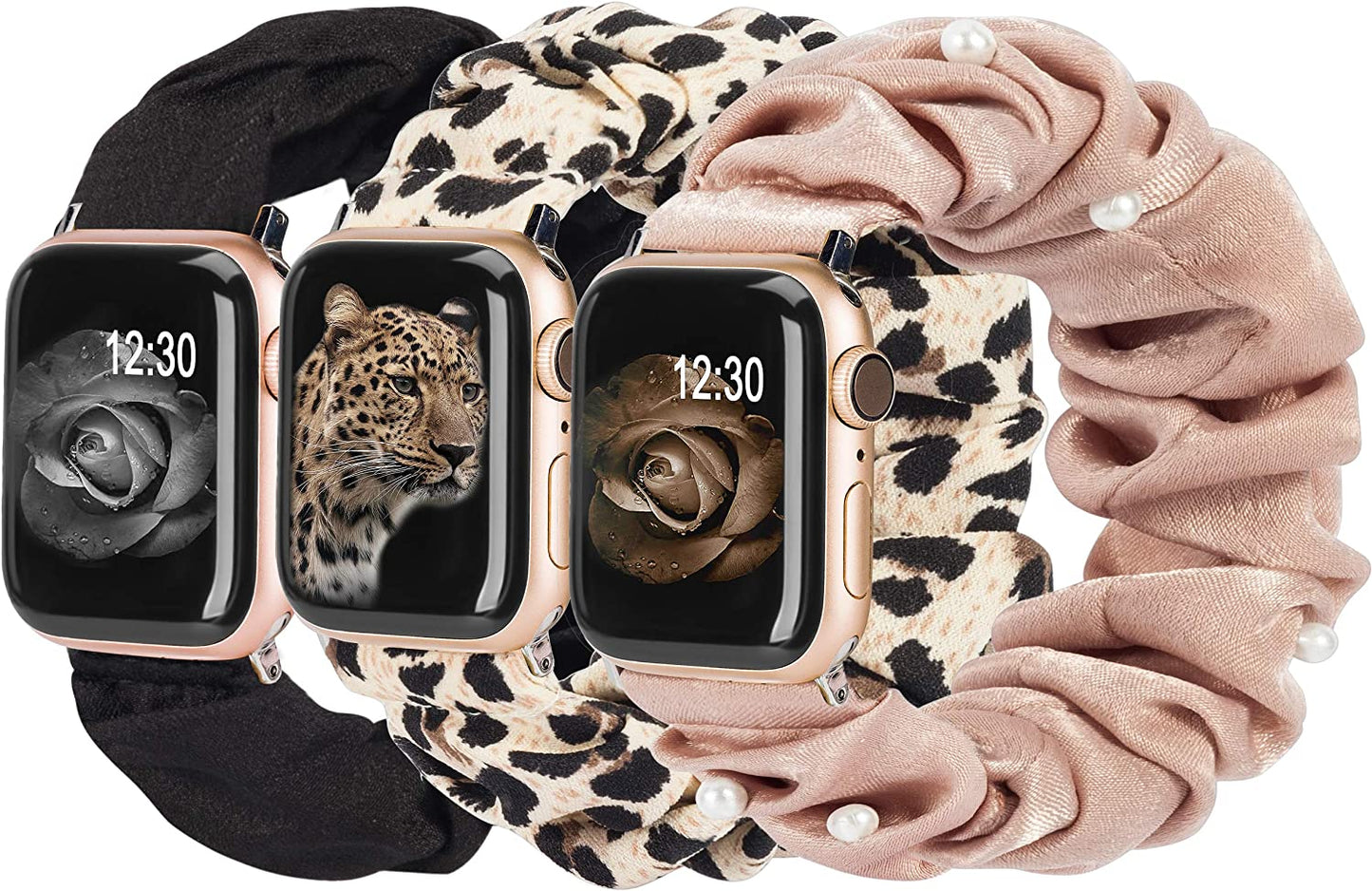 TOYOUTHS 3 Packs Compatible with Apple Watch Band Scrunchies 49Mm(Ultra)/45Mm/44Mm/42Mm Cloth Soft Pattern Printed Fabric Bracelet Women Iwatch Elastic Scrunchy Band Series SE 8 7 6 5 4 3 2 1 S/M  TOYOUTHS Black/Leopard/Rose Gold 41/40/38mm M/L(6.0" - 6.9" Wrist) 