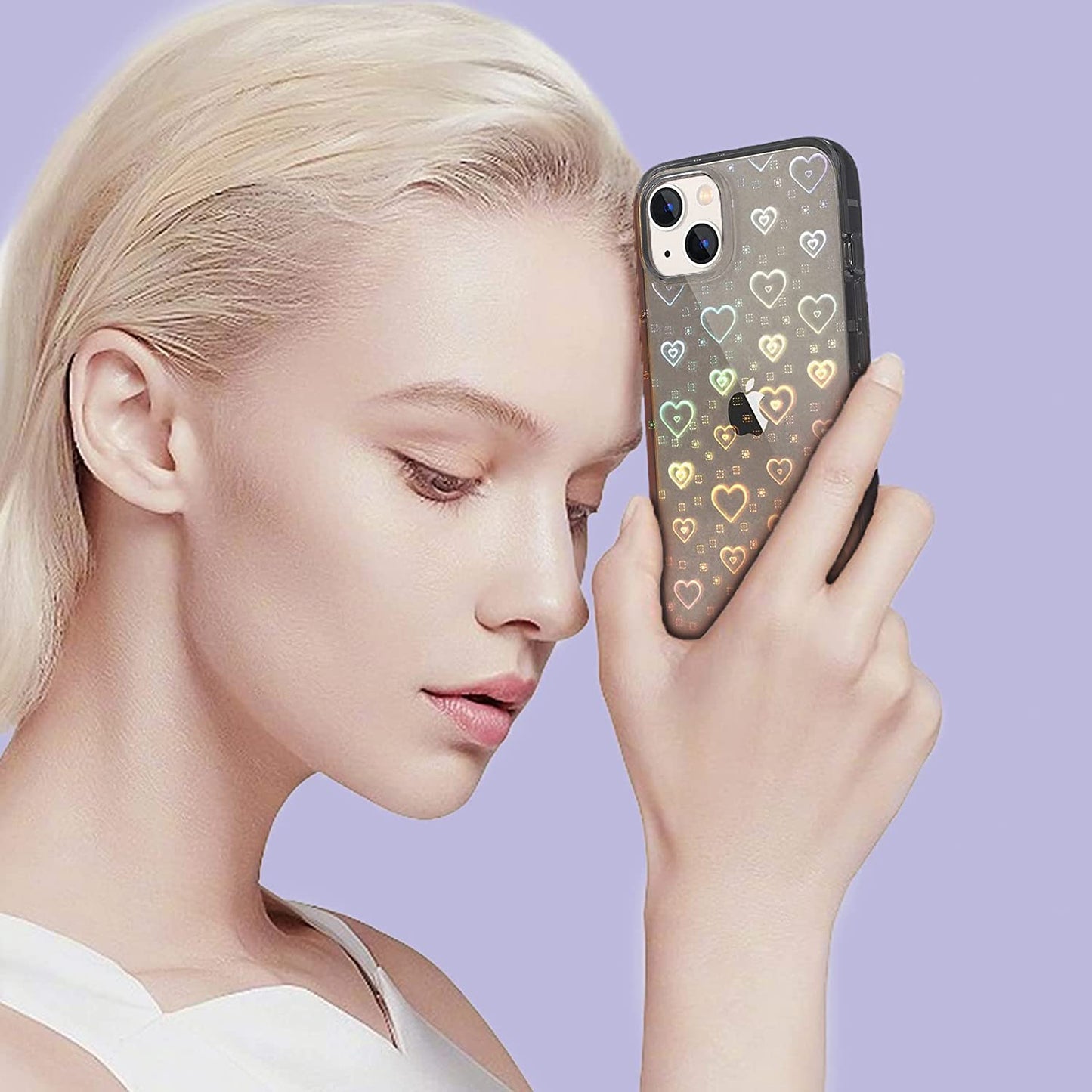 Tksafy Case Compatible Iphone 14 Case, Clear Glitter Cute Laser Holographic Love Heart Pattern for Women Girls, Anti-Yellow Hard PC Protective Phone Cover for Iphone 14 6.1-Inch 2022, Light Black  Tksafy   