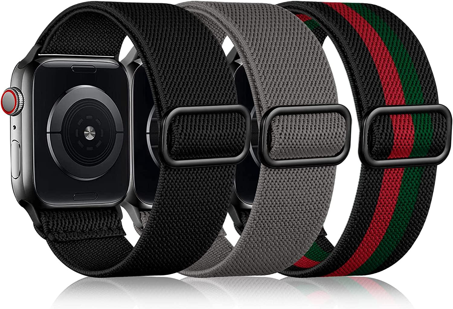 Daqin 3 Pack Stretchy Nylon Solo Loop Band Compatible with Apple Watch Band 41Mm 45Mm 38Mm 40Mm 42Mm 44Mm 49Mm, Adjustable Elastic Braided Straps for Apple Watch Ultra Iwatch Series 8/7/6/5/4/3/2/1/SE  Ylire-US Black/Dark Gray/Red Green Black 38mm/40mm/41mm 