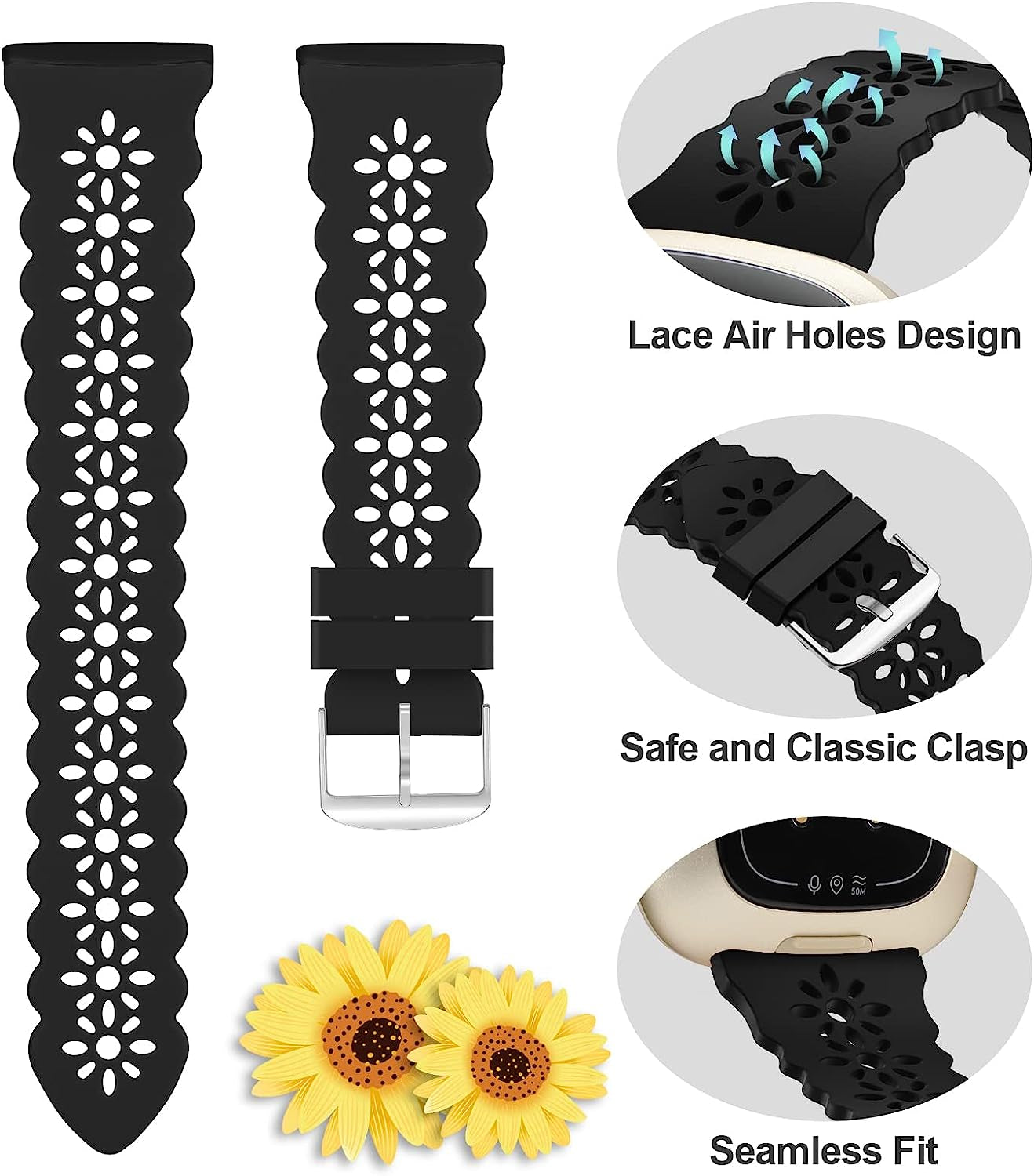 YAXIN 3 Pack Slim Sport Bands Compatible with Fitbit Sense/Fitbit Versa 3 Band/Versa 4 Bands/Fitbit Sense 2 for Women,Soft Silicone Lace Replacement Wristbands for Fitbit Versa Smart Watch  YAXIN   