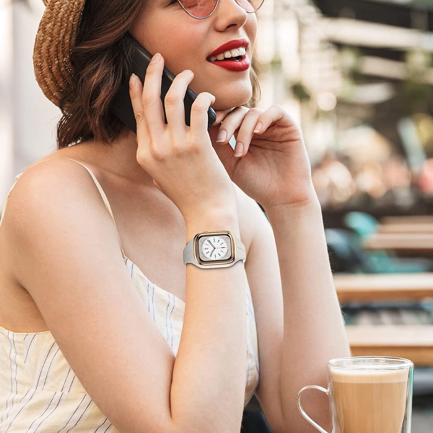 OUHENG Compatible with Apple Watch Band 41Mm 40Mm 38Mm with Bumper Case, Women Sport Strap with Rugged Metal Edge Bumper and Silicone Cover for Iwatch Series 8 7 6 SE 5 4 3 2 1, Starlight/Rose Gold  OUHENG   