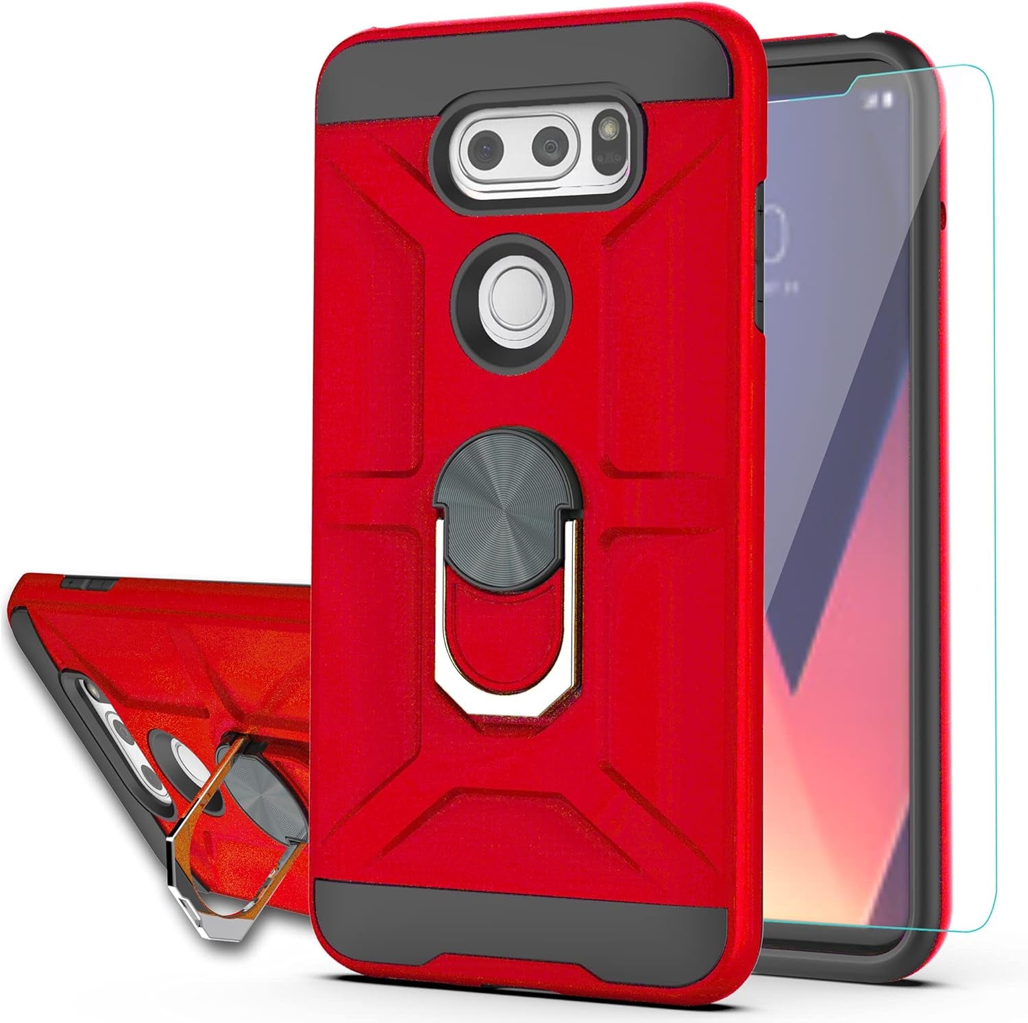 Ymhxcy Case Compatible with LG V35 Thinq/V30/V30 Plus/ V30S Thinq/ V35 Case with HD Screen Protector,360 Degree Rotating Ring Kickstand Holder Dual Layers of Shockproof Case for V30-ZS (Zs-Red)  YmhxcY   