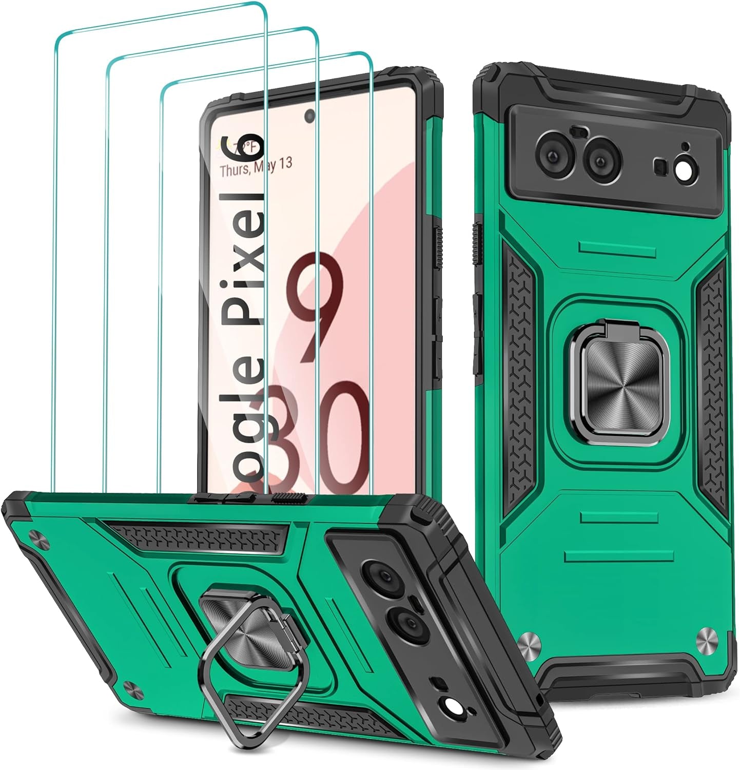Google Pixel 6 Case, Google Pixel 6 Case with 3 Pcs Tempered Glass Screen Protector, Built in Magnetic Ring Kickstand Military-Grade Hard PC TPU Shockproof Aromr Case for Google Pixel 6 - Rose Gold  GAMEMIUZ Dark Green  