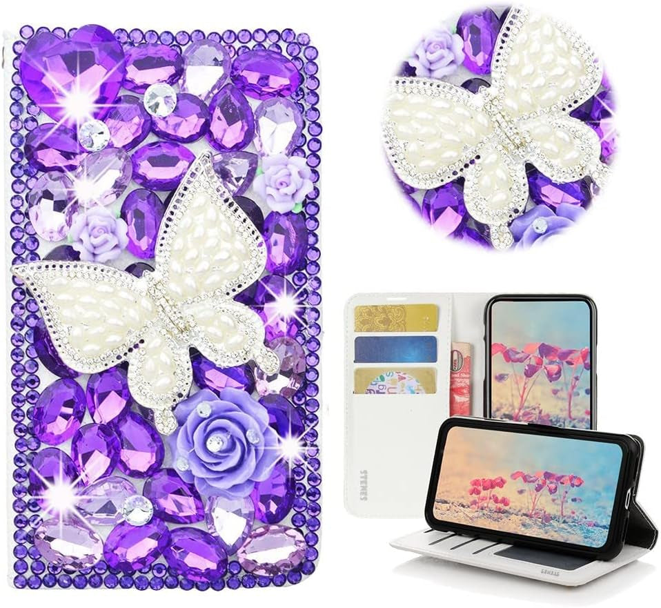 STENES Bling Wallet Phone Case Compatible with LG V40 Thinq - Stylish - 3D Handmade Luxury Flowers Design Leather Cover with Neck Strap Lanyard [3 Pack] - Deep Purple  STENES Pearl Butterfly Rose Flowers / Purple Design For Samsung Galaxy S8 