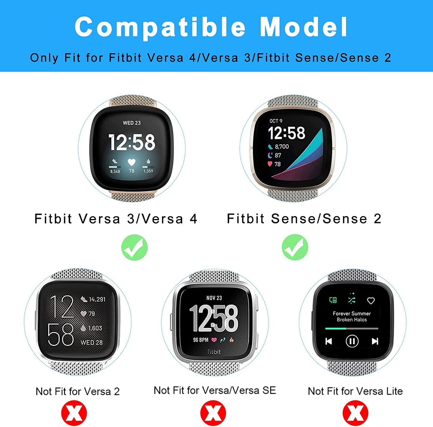 2Pack Metal Bands Compatible with Fitbit Versa 3 /Fitbit Versa 4 /Fitbit Sense 2 /Fitbit Sense Bands for Women Men, Stainless Steel Metal Adjustable Magnetic Strap Replacement for Versa 3/Fitbit Sense  Afoskce   