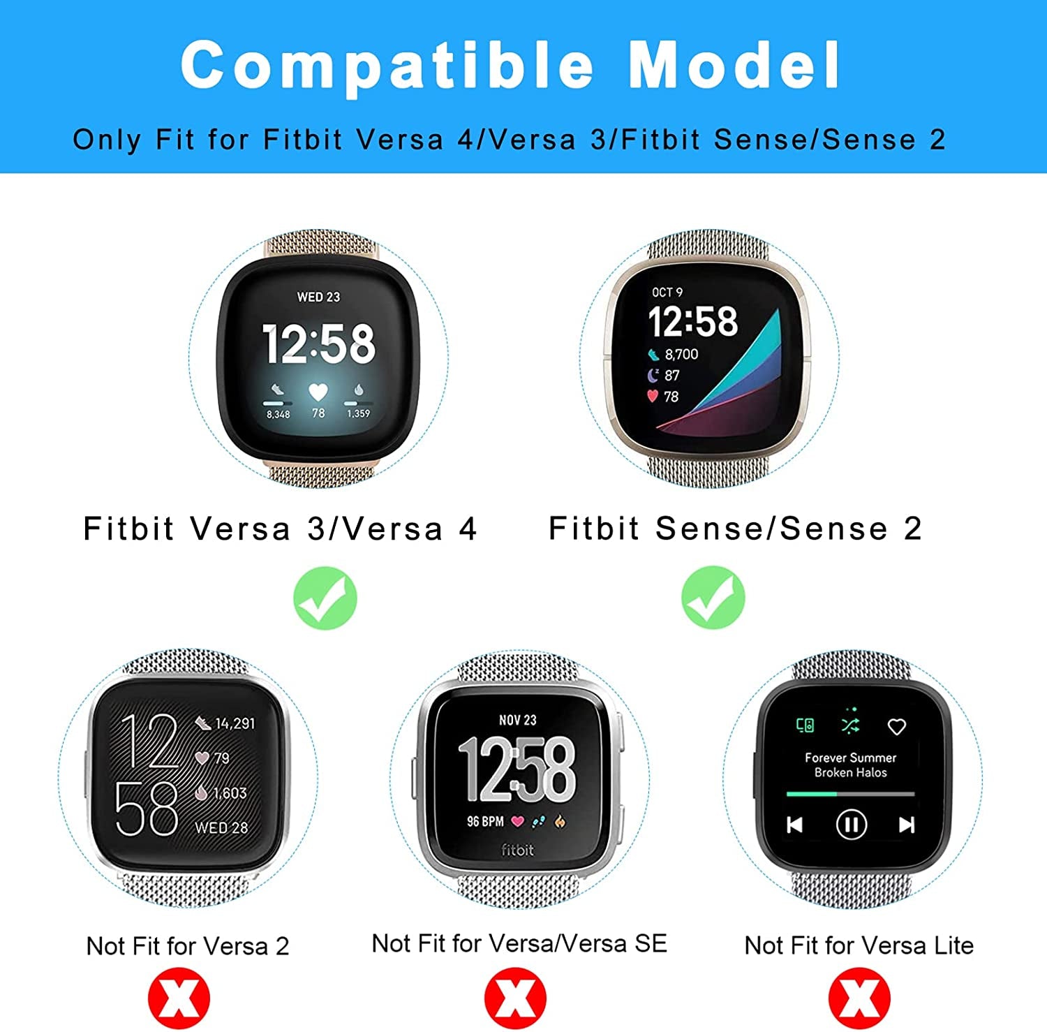 2Pack Metal Bands Compatible with Fitbit Versa 3 /Fitbit Versa 4 /Fitbit Sense 2 /Fitbit Sense Bands for Women Men, Stainless Steel Metal Adjustable Magnetic Strap Replacement for Versa 3/Fitbit Sense  Afoskce   