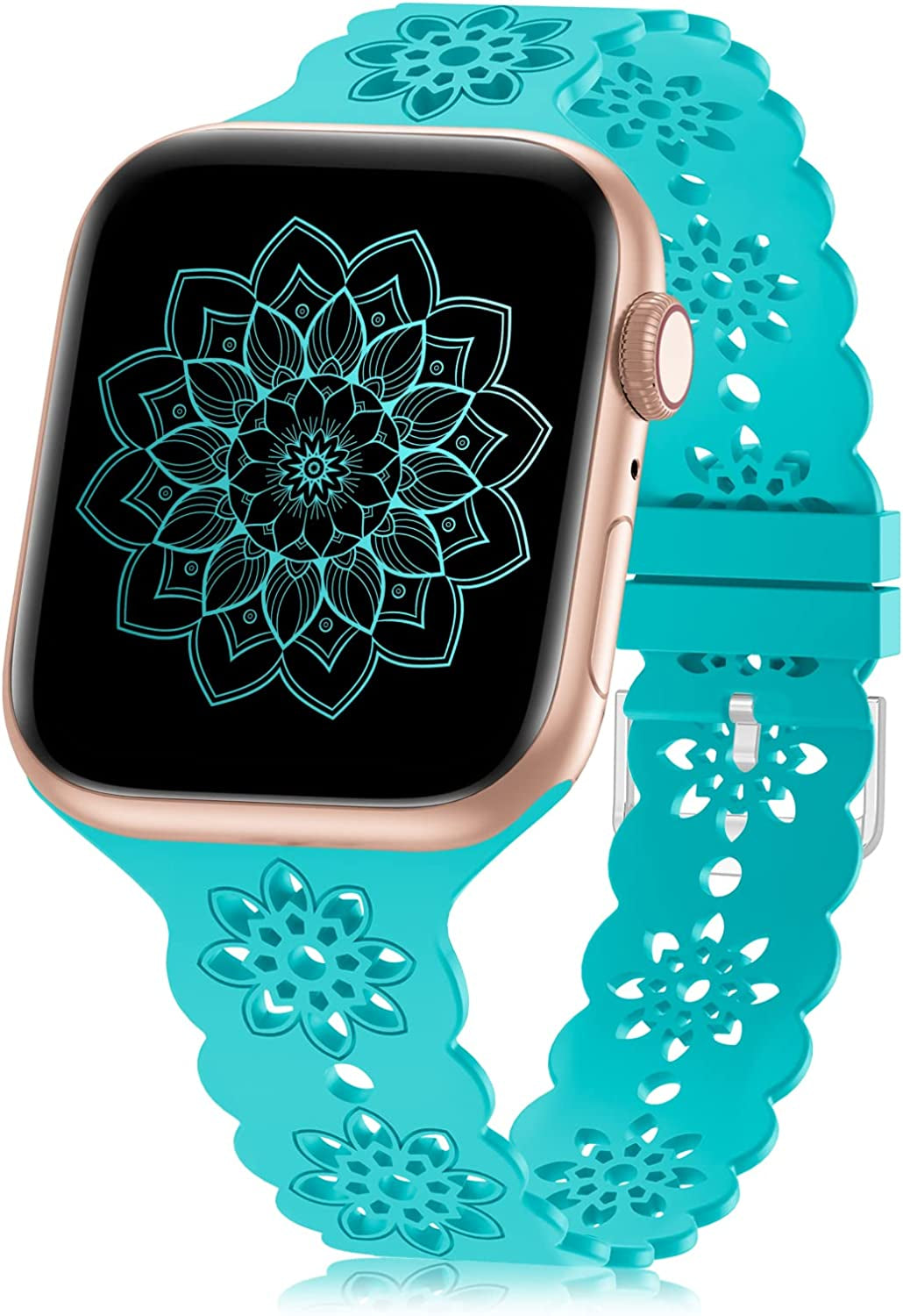 Floral Silicone Band Compatible with Apple Watch Bands 38Mm 40Mm 42Mm 44Mm 41Mm 45Mm 49Mm Women Men, Slim Hollow-Out Design Wristbands Soft Sport Breathable Watch Bands for Iwatch Ultra SE Series 8/7/6/5/4/3/2/1  Wewatri Teal 38mm/40mm/41mm 