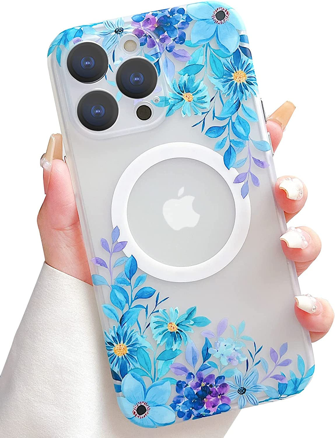 Yeddabox for Iphone 14 Pro Max Case Compatible with Magsafe, Floral Print Magnetic Translucent Matte Lens Camera Protection Flower Phone Case for Iphone 14 Pro Max for Women Girls - Pink  Yeddabox Blue  