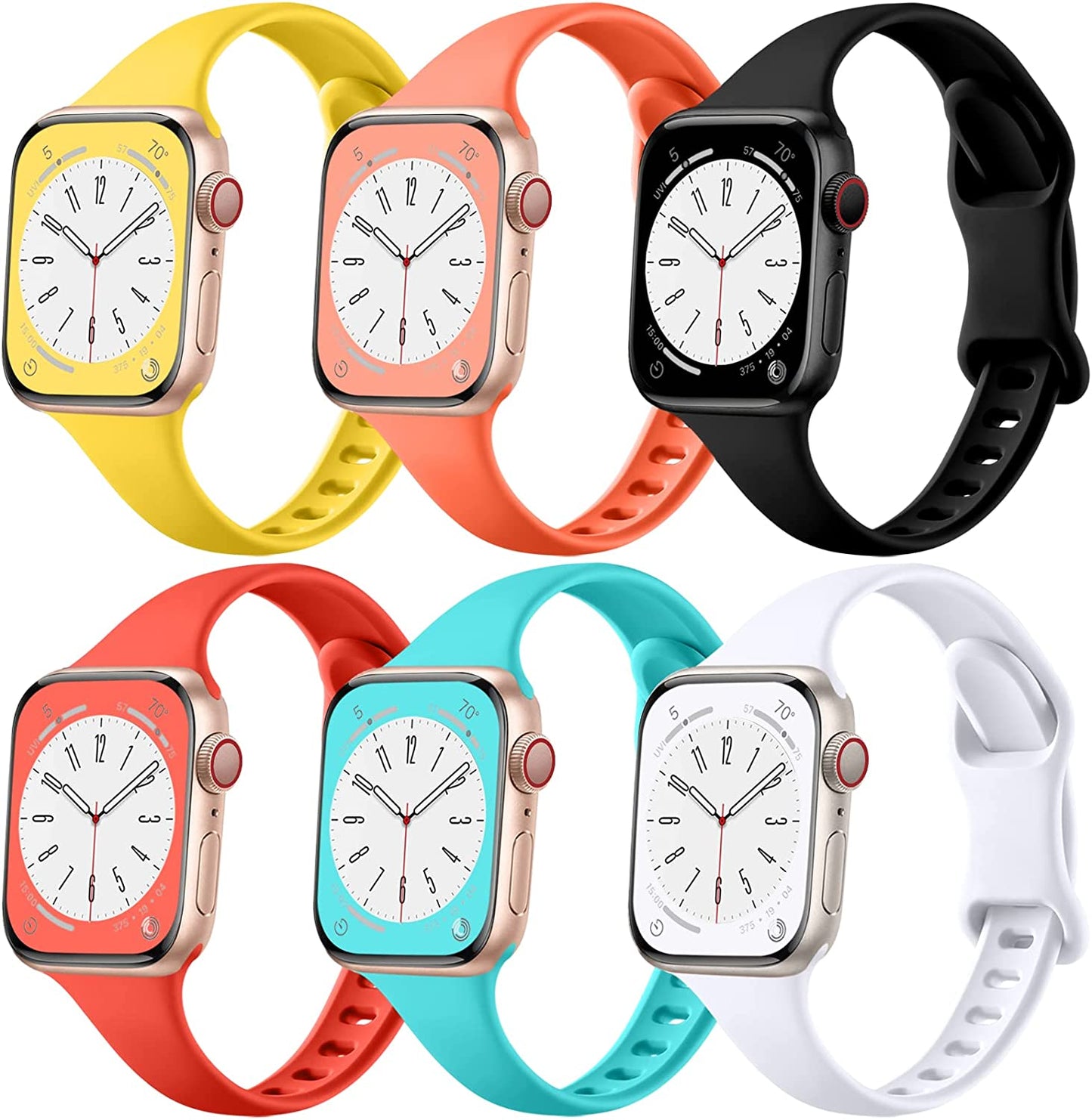 Lerobo 6 Pack Slim Bands Compatible with Apple Watch Band 40Mm 38Mm 44Mm 42Mm 41Mm 45Mm for Women Men, Soft Silicone Waterproof Sport Strap Replacement Wristbands for Iwatch Series 7 6 5 4 3 2 1 SE  Hina-US Black/ White/ Red/ Teal/ Lemon Zest/ Marigold 38mm/40mm/41mm 