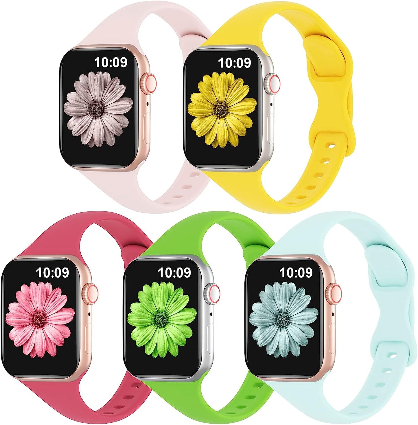 TSAAGAN 5 Pack Silicone Slim Bands Compatible with Apple Watch Band 38Mm 42Mm 40Mm 44Mm 41Mm 45Mm 49Mm, Soft Narrow Sport Strap Thin Wristband for Iwatch Ultra Series 8/7/SE/6/5/4/3/2/1 Women Men  TSAAGAN Mango Yellow/Sand Pink/Apple Green/Hibiscus/Seafoam 38/40/41mm 