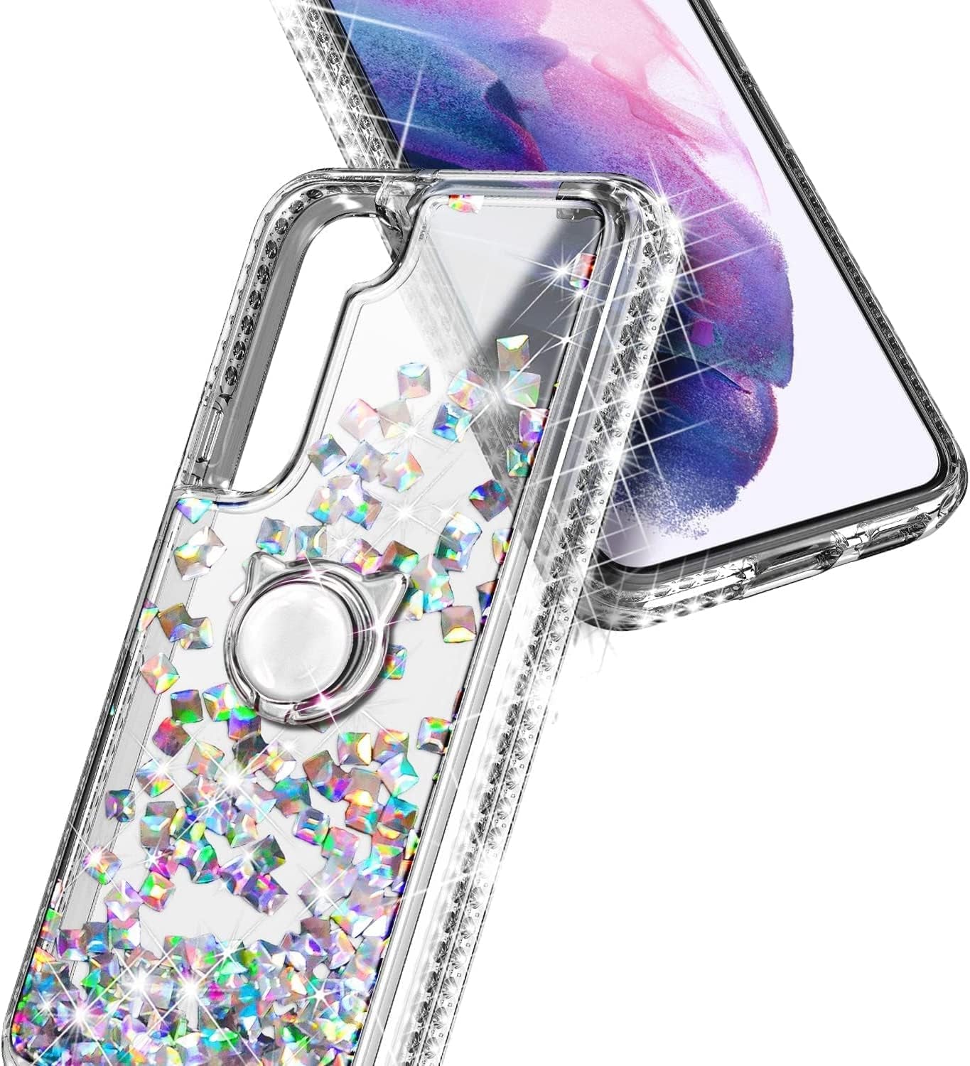 NGB Supremacy Compatible with Samsung Galaxy S22 plus Case (5G 6.6 Inch) with Screen Protector (Maximum Coverage, Flexible TPU), Ring Holder/Wrist Strap, Glitter Liquid Cute Case (Crystal Gem)  NGB Supremacy   