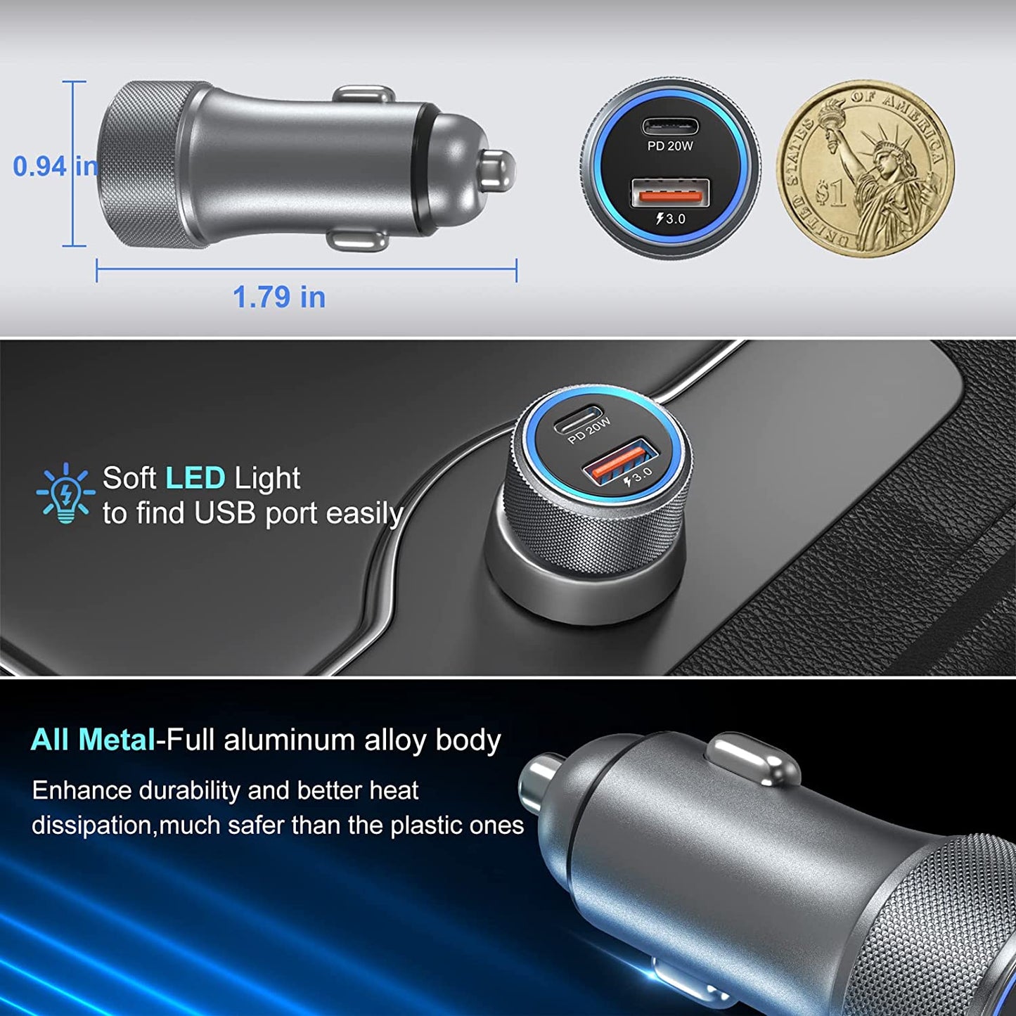 5 Pack USB C Car Charger, Bangfun 36W Dual USB Car Charger Adapter Fast Charge PD&QC 3.0 Cigarette Lighter USB Charger Compatible Iphone 14 13 12 11 Pro Max Se,Ipad,Samung S21/S20, Pixel(Grey)  Shenzhen Hao Nuo Tian Electronics Co.,LTD   