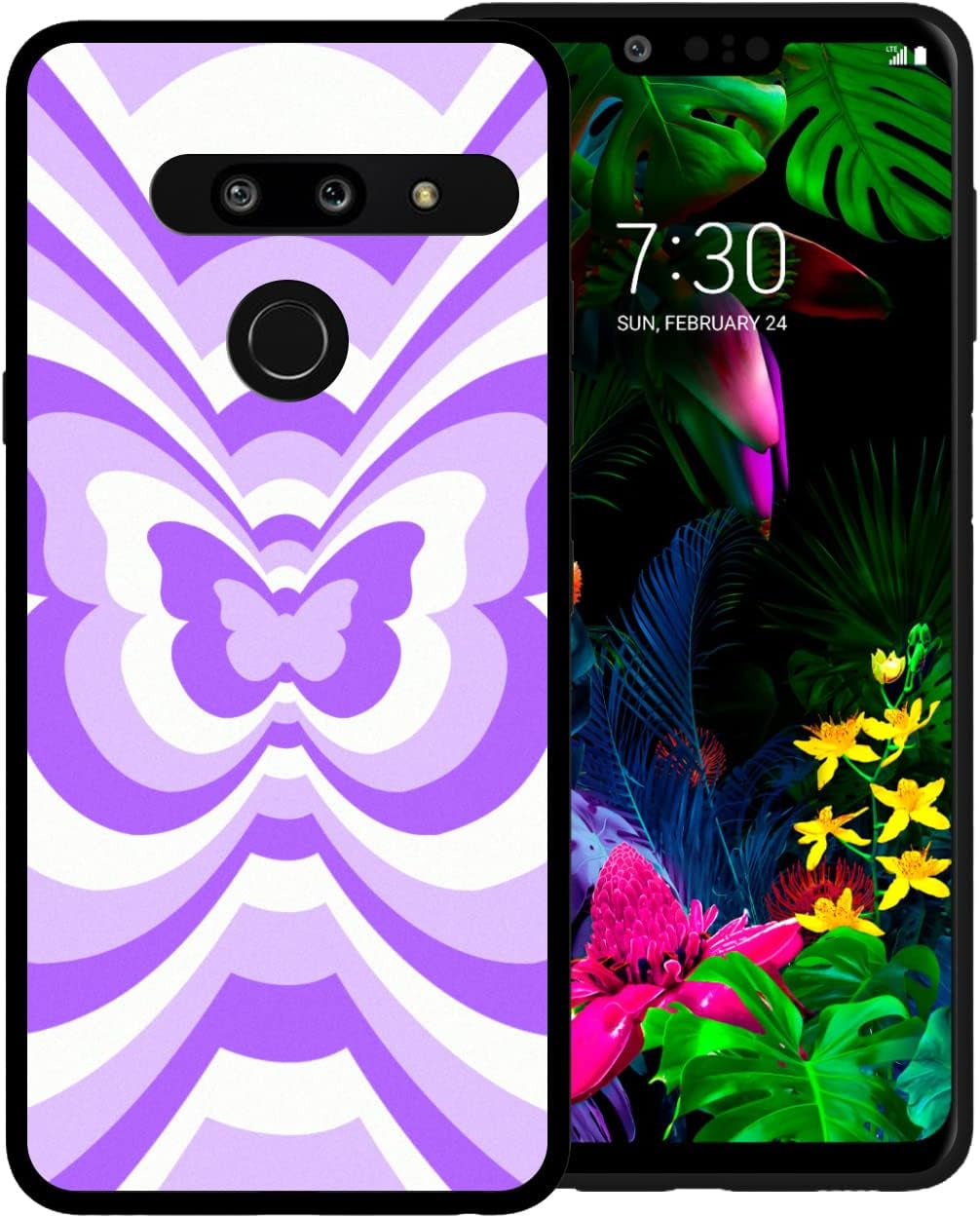 Zaztify Phone Case for LG G8 Thinq, Blue Butterfly Tunnel Center Coffee Latte Valentine Color Block Cute Pattern Shockproof Protective Anti-Slip Slim Soft Cover Shell  zaztify Purple Butterfly Tunnel  